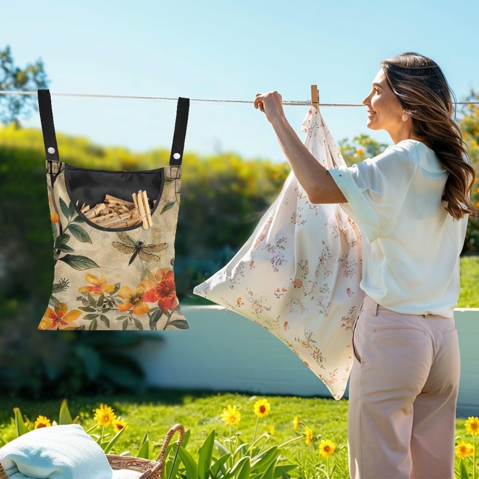 Dragonfly Clothes Pin Bags Flower Clothespin Bag Holder Clothespin Holder 14.5 x 12 Inch Clothespins Bag for Clothesline Outdoor Outside Laundry Room Lightweight for Easy Hang