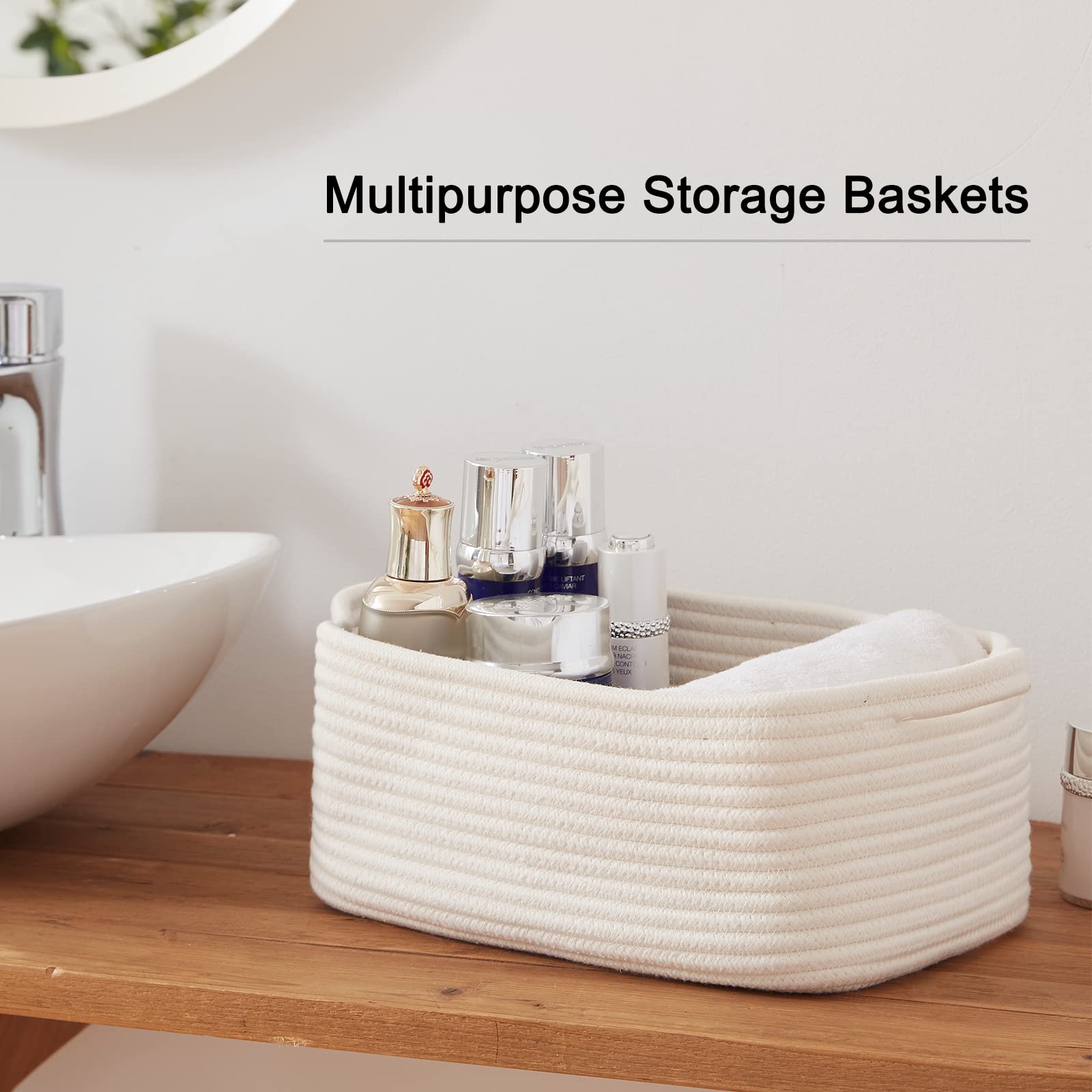 3 Pack Storage Baskets for Shelves Cotton Rope Storage Bins White (3 Count)