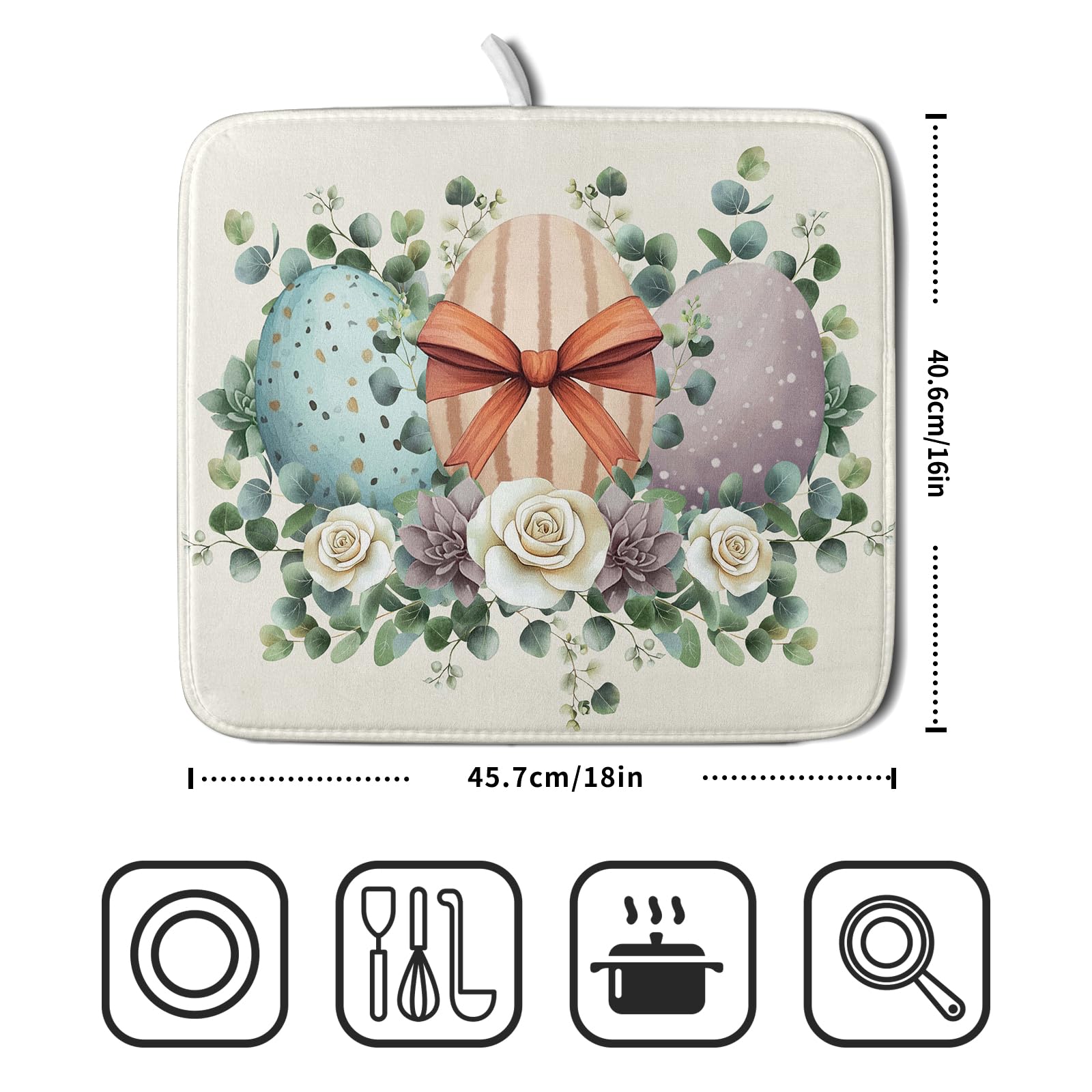 Happy Easter Eggs Dish Drying Mat 16x18 Inch Easter Day Eggs Flowers Dishes Pad Dish Drainer Rack Mats Absorbent Fast Dry Kitchen Accessories Spring Easter Holiday Drying Mat for Countertop Tableware