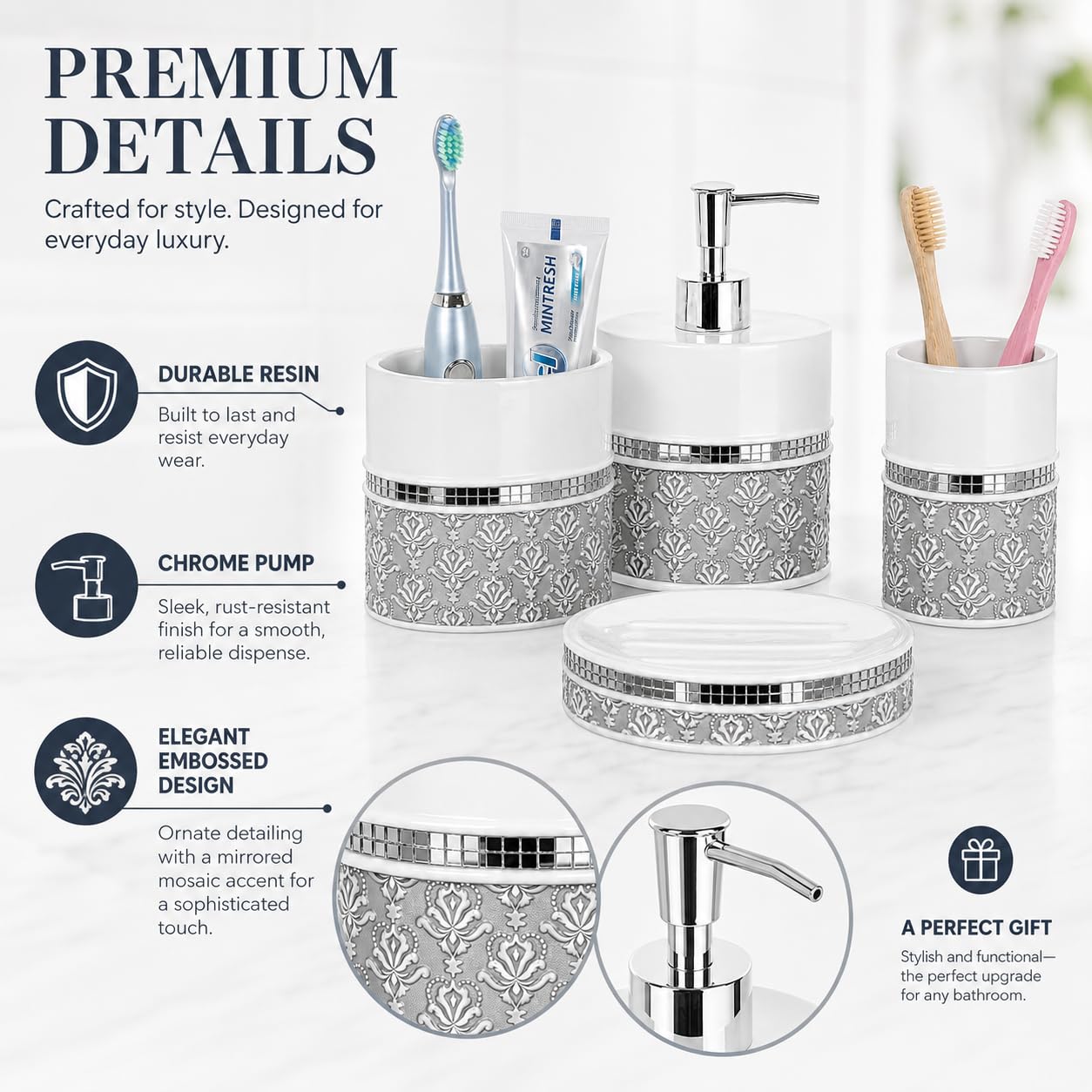 Mirror Damask Toothbrush and Toothpaste Holder