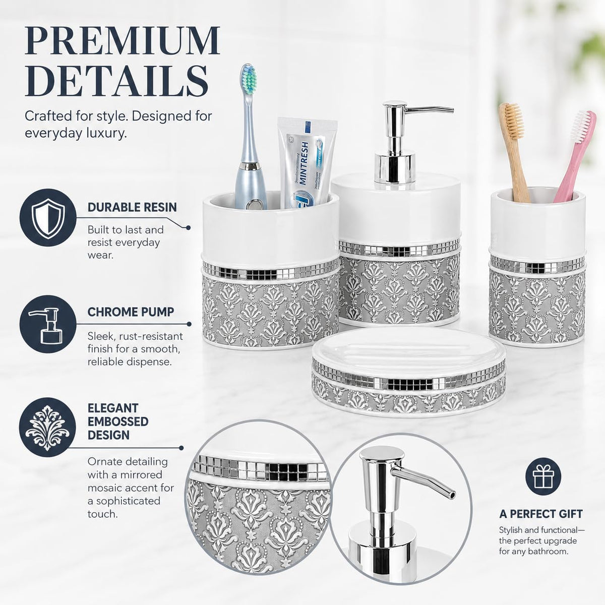 Mirror Damask 4 Piece Resin Bathroom Accessories Set