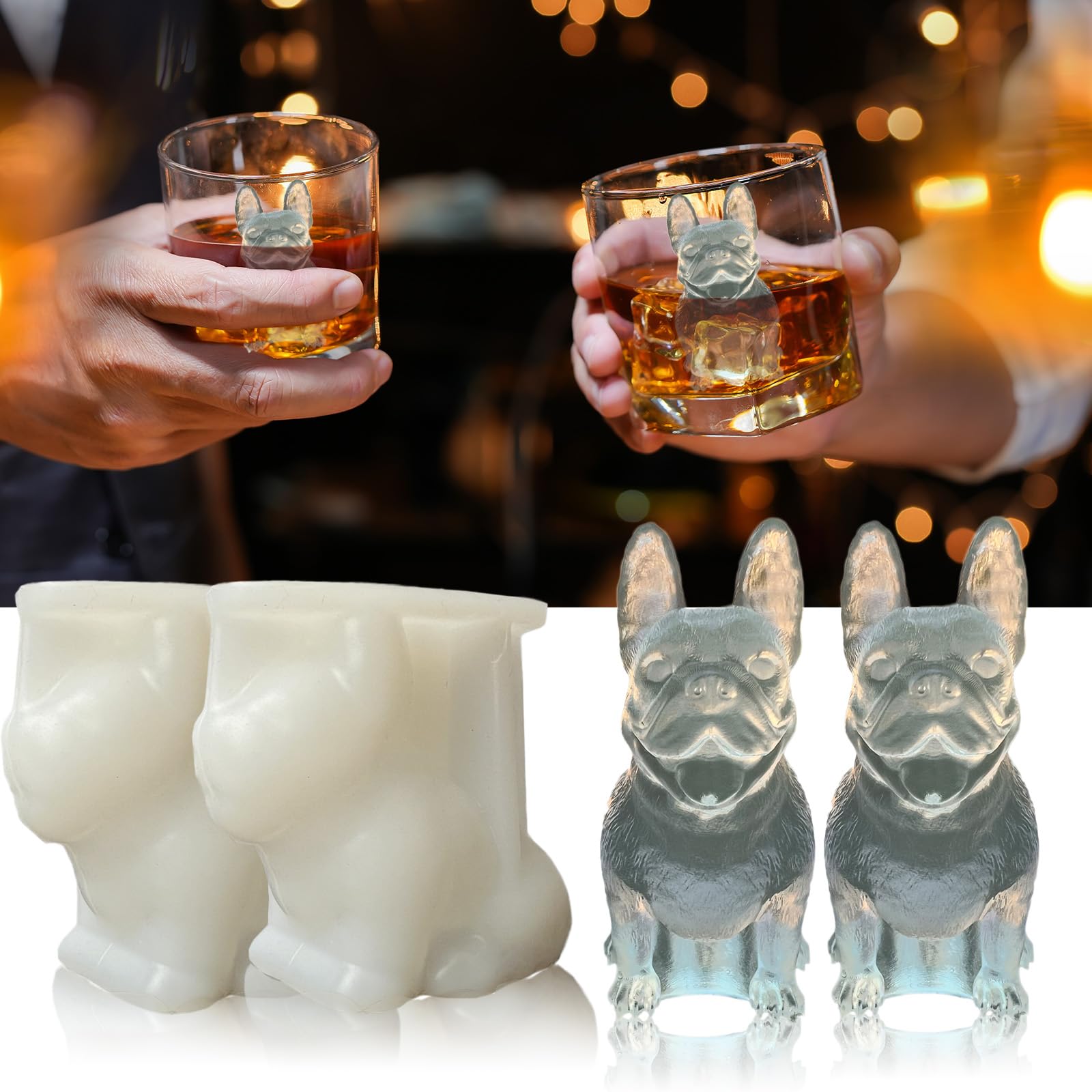 3D French Bulldog Ice Cube Molds Tray Silicone for Whiskey (2 Count)
