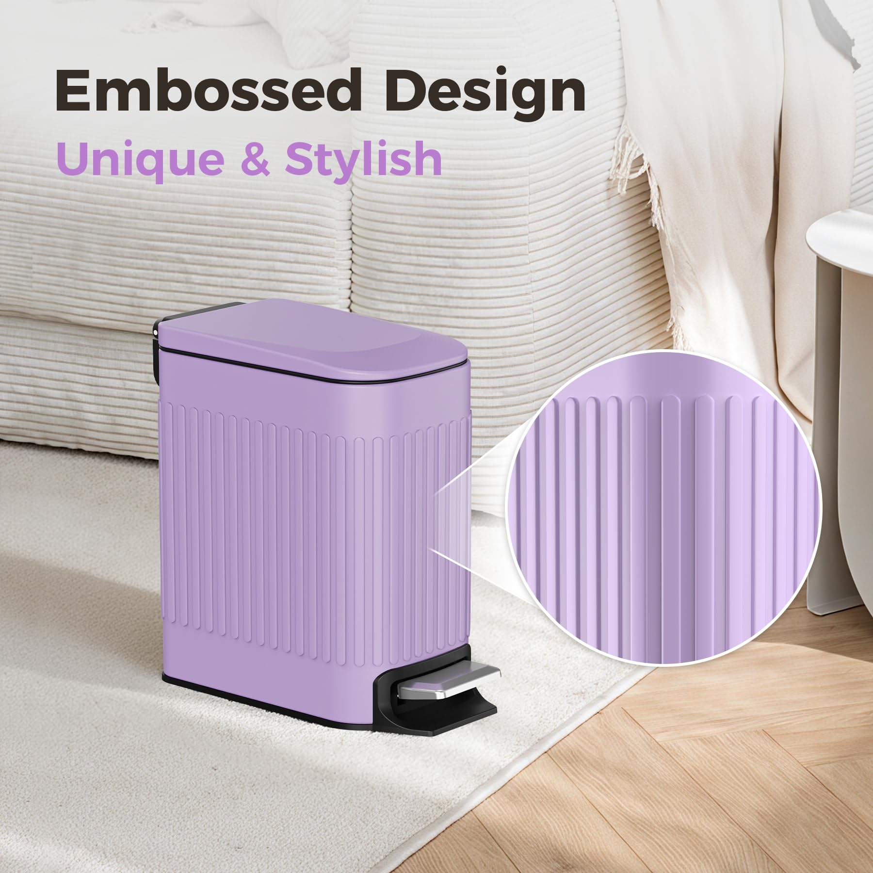 1.6Gal Slim Bathroom Trash Can with Lid Soft Close & Pedal