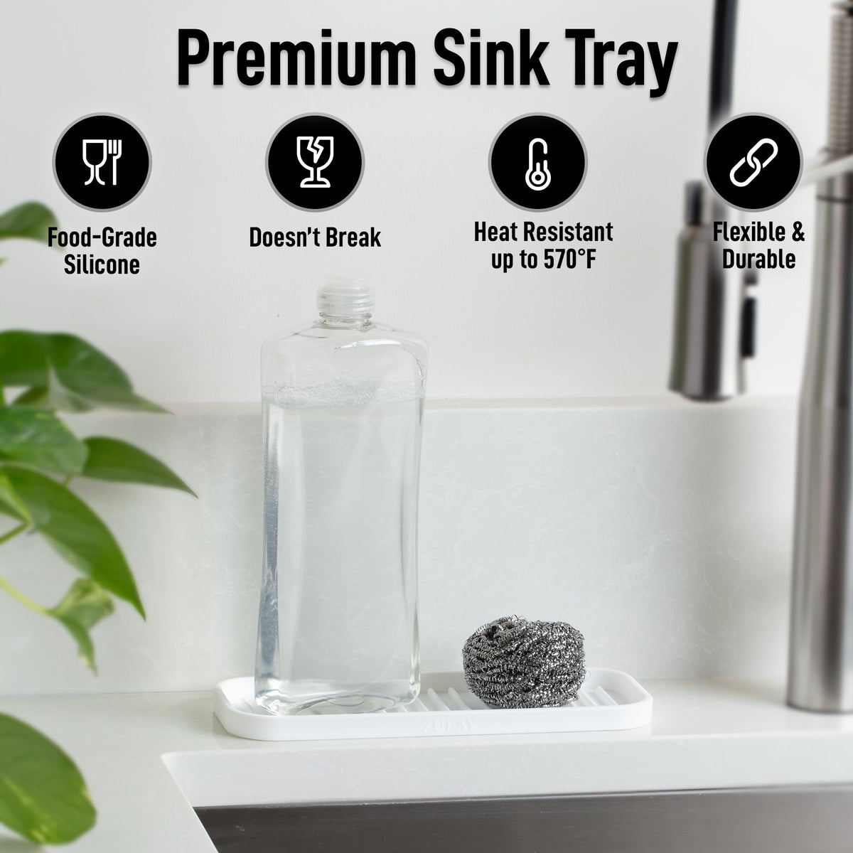 9x3.5) Silicone Sponge Holder for Kitchen Sink - Flexible Multipurpose Soap Tray - Sink Organizer for Kitchen, Bathroom, Makeup, Trinkets & More (White)