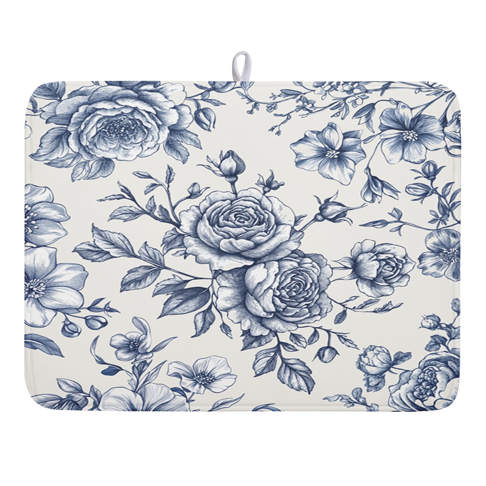 Vintage Floral Dish Drying Mat for Kitchen Counter Blue Floral Chinoiserie Pattern Dish Drying Pad 18x24 In Absorbent French Farmhouse Decor Dishes Drainer Pad Dish Dry Rack Mat for Counter Coffee Bar