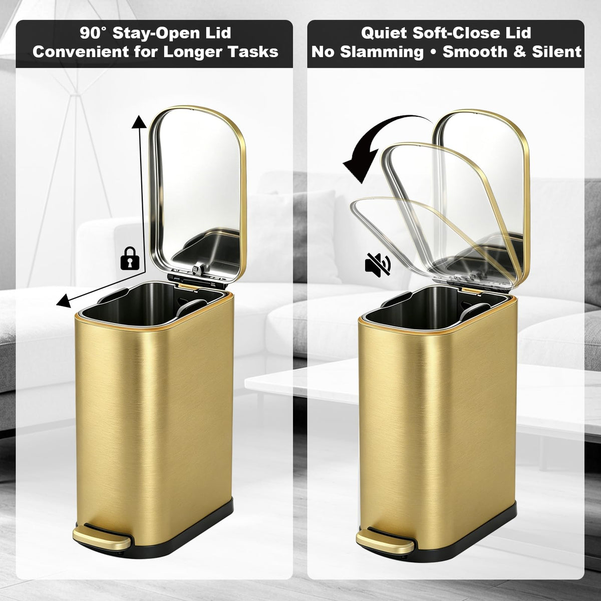 Bathroom Trash Can with Soft Close Lid 3.5 Gallon Gold