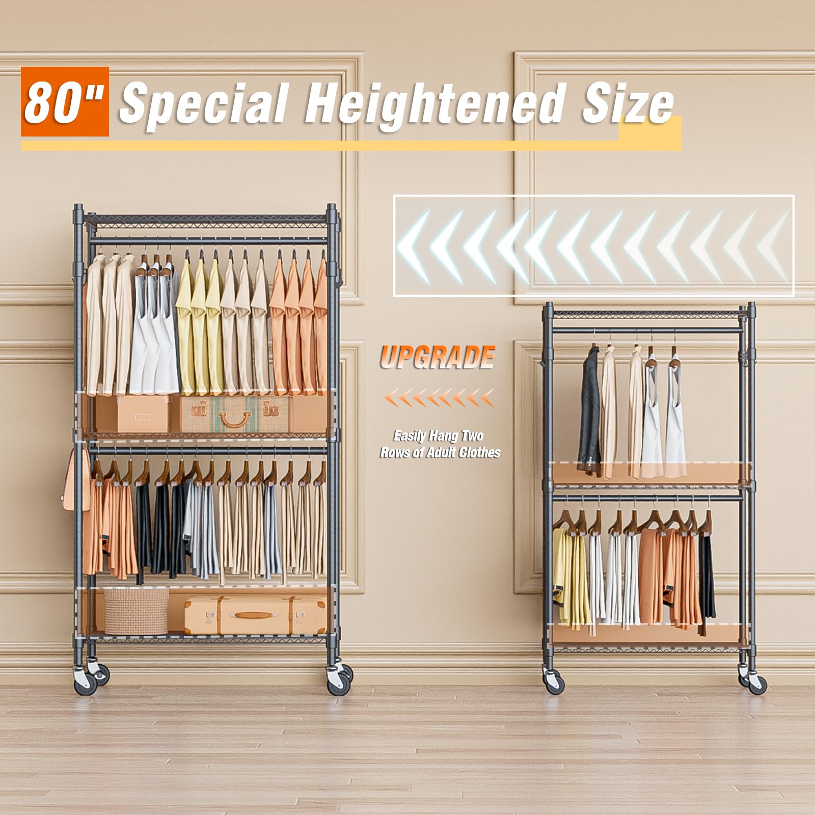 Narrow Rolling Garment Rack with Double Rods and 3 Adjustable Shelves