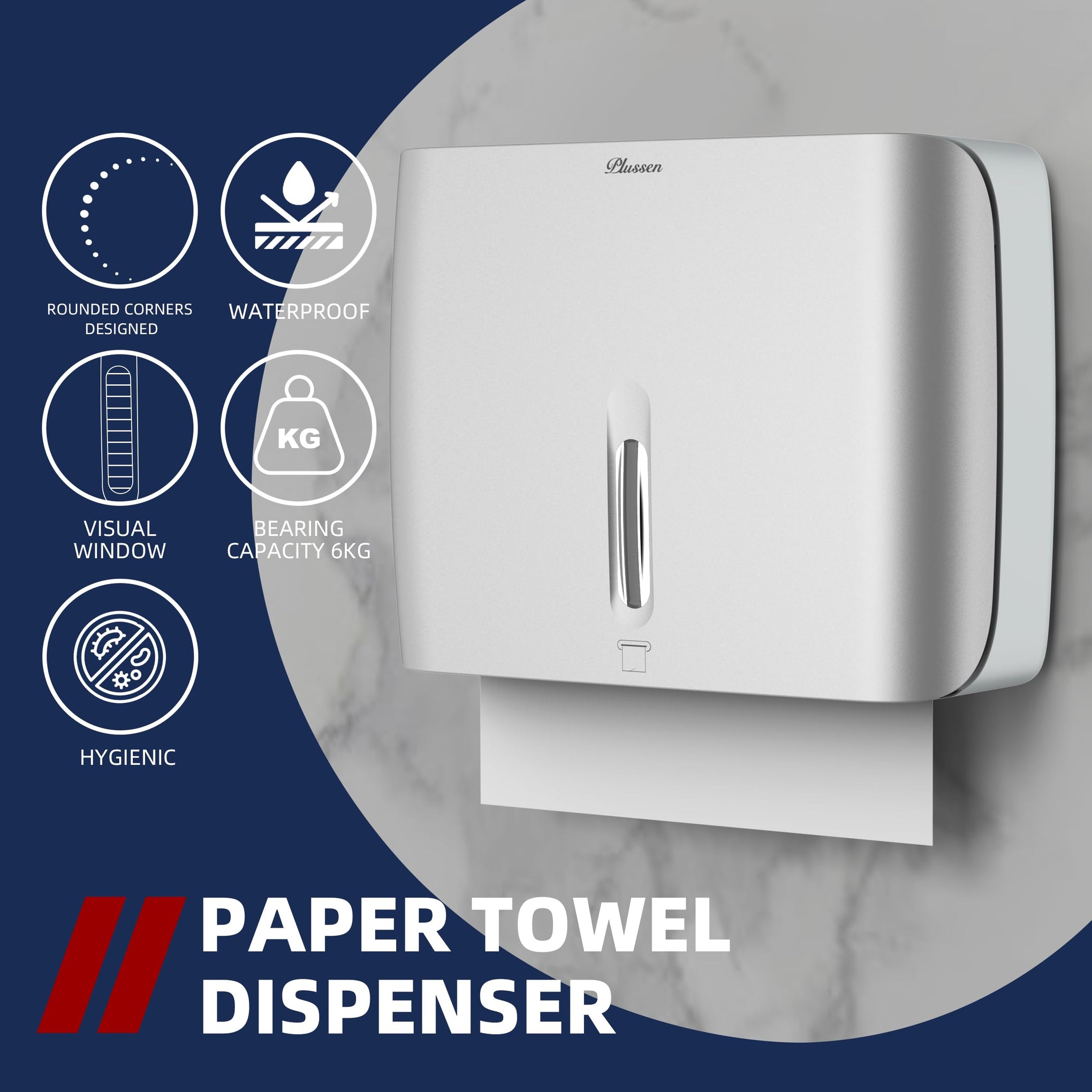 Paper Towel Dispenser Wall Mount Commercial & Home Use ABS Matte Silver Gray with Window Holds 200 C