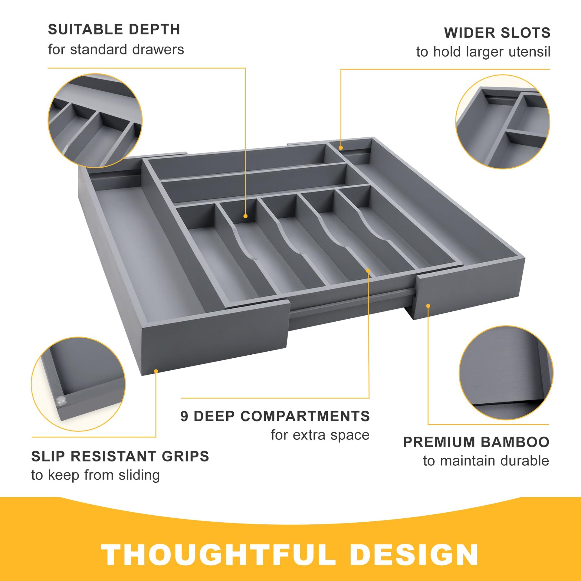 Large Premium Bamboo Silverware Organizer