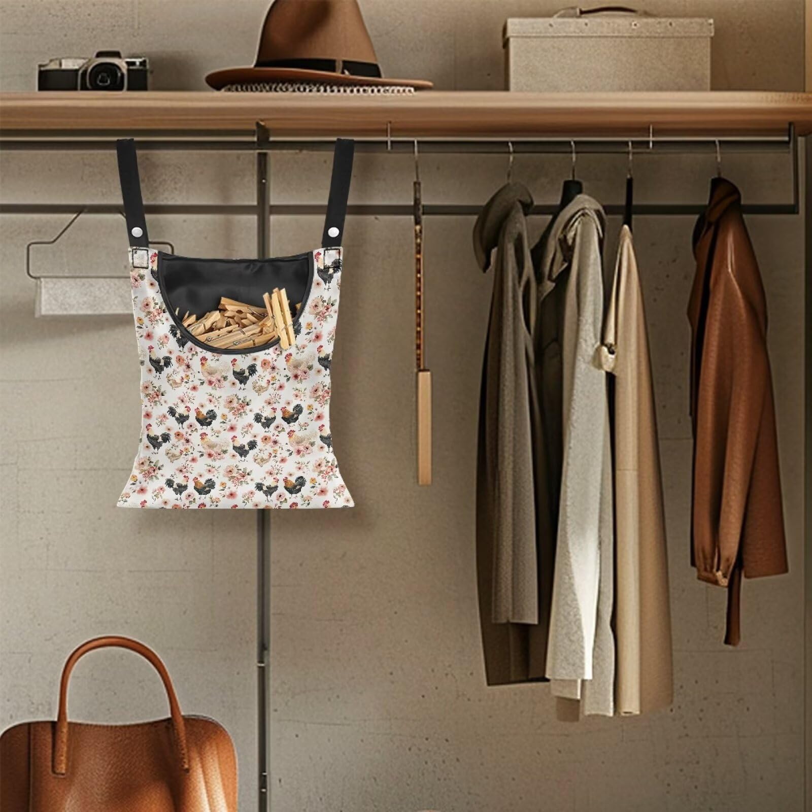 Chicken Clothespin Bag Flower Clothespin Storage with Hanger Hook Canvas Clothespins Bag with Large Opening Space