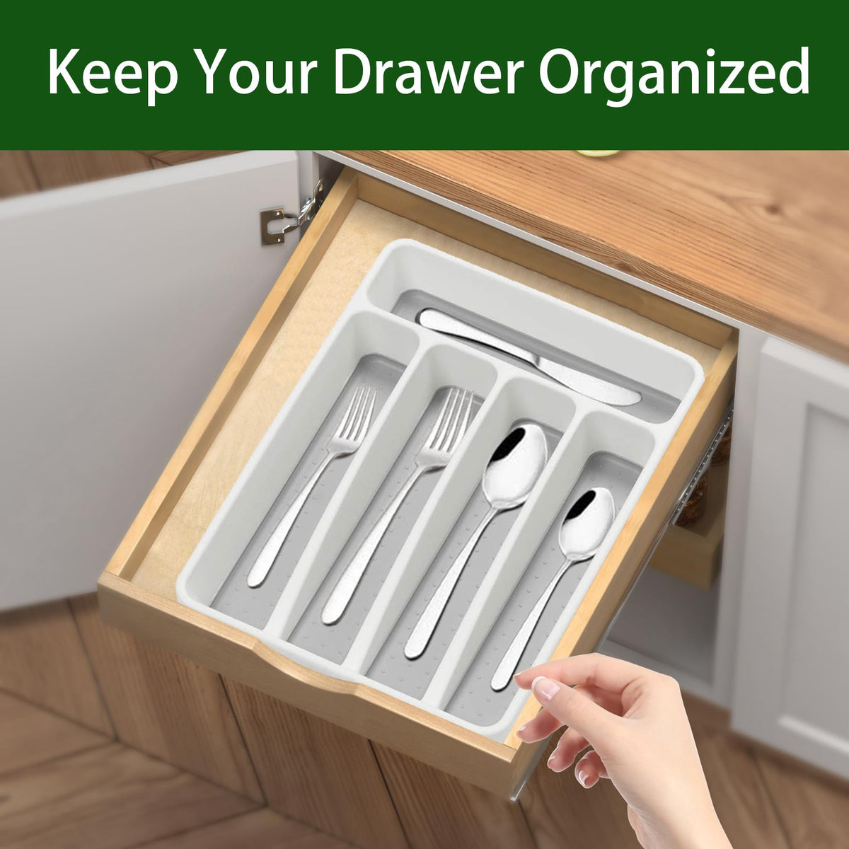 Silverware Organizer 2 Pieces Utenisl Organizer Holder Kitchen Drawer Organizer Plastic Silverware Tray for Drawer Flatware Organizer 5 Compartment White (2 Count)