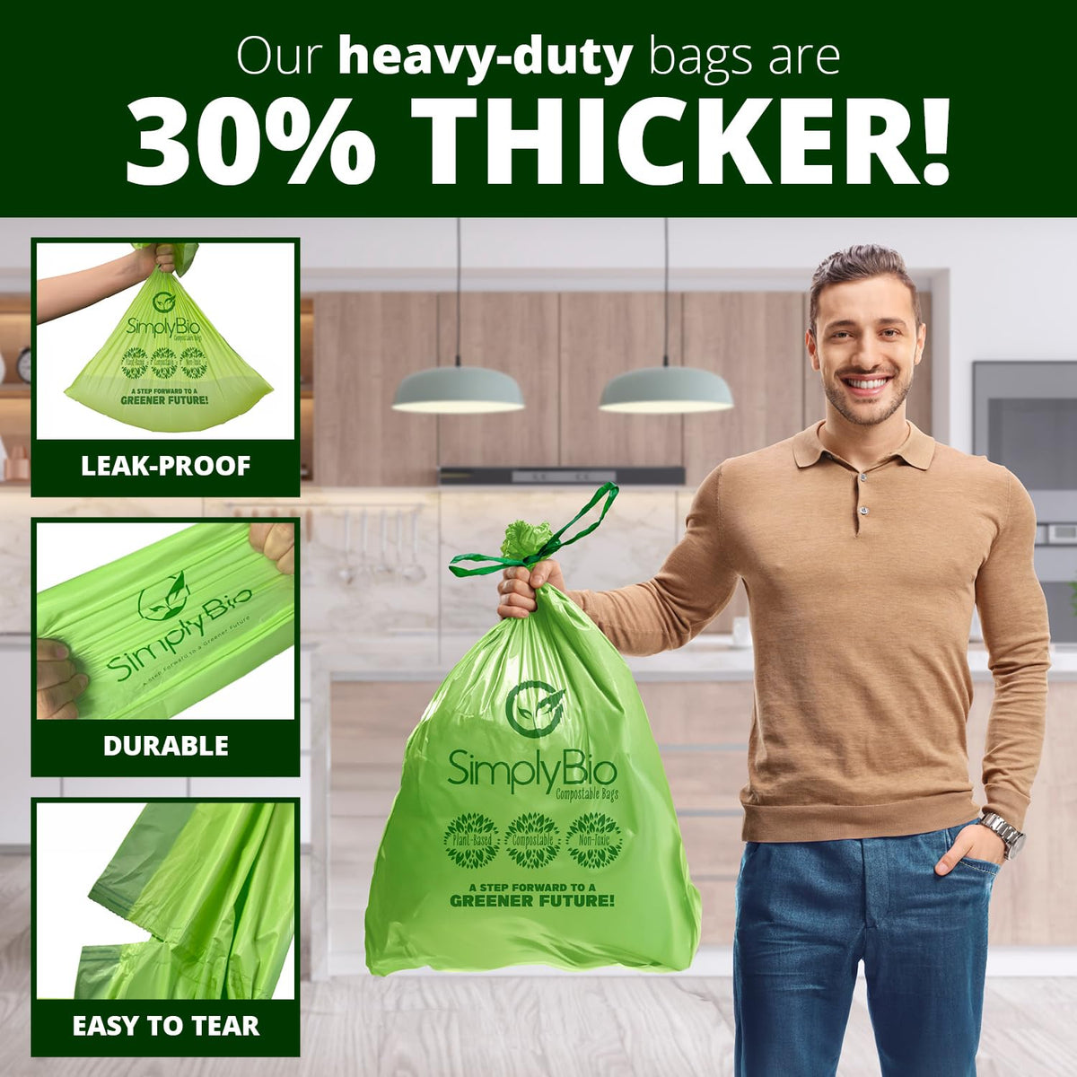 13 Gallon Compostable Trash Bags Liners Drawstring (30 Count)