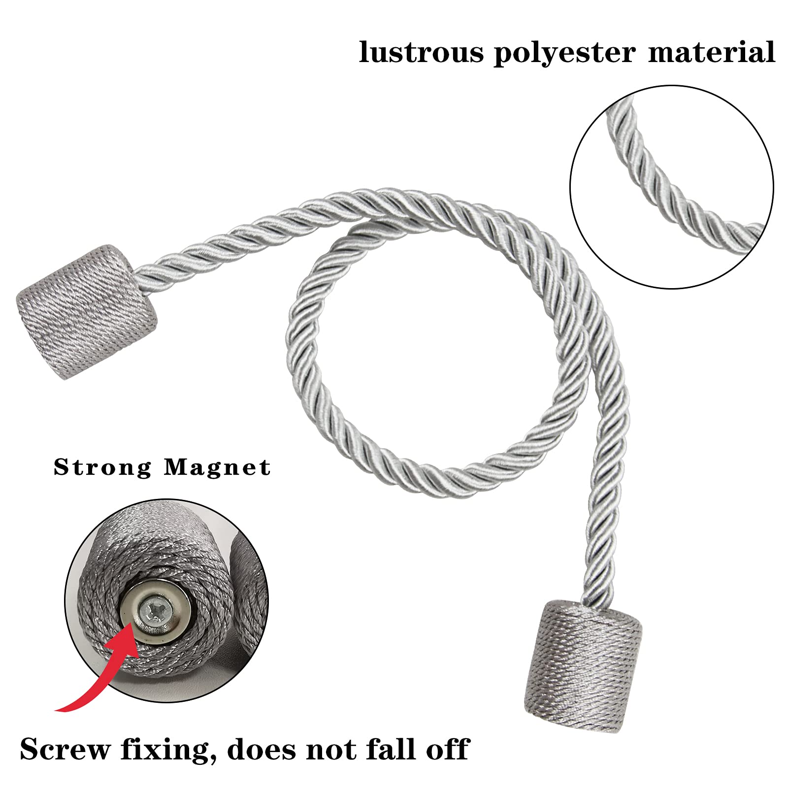 2 Pack Grey Strong Magnetic Curtain Tiebacks Outdoor Elegant Decorative Tie Backs Modern Rope Tiebacks for Drapes Window Curtain Holdbacks for Draperies (2 Count)
