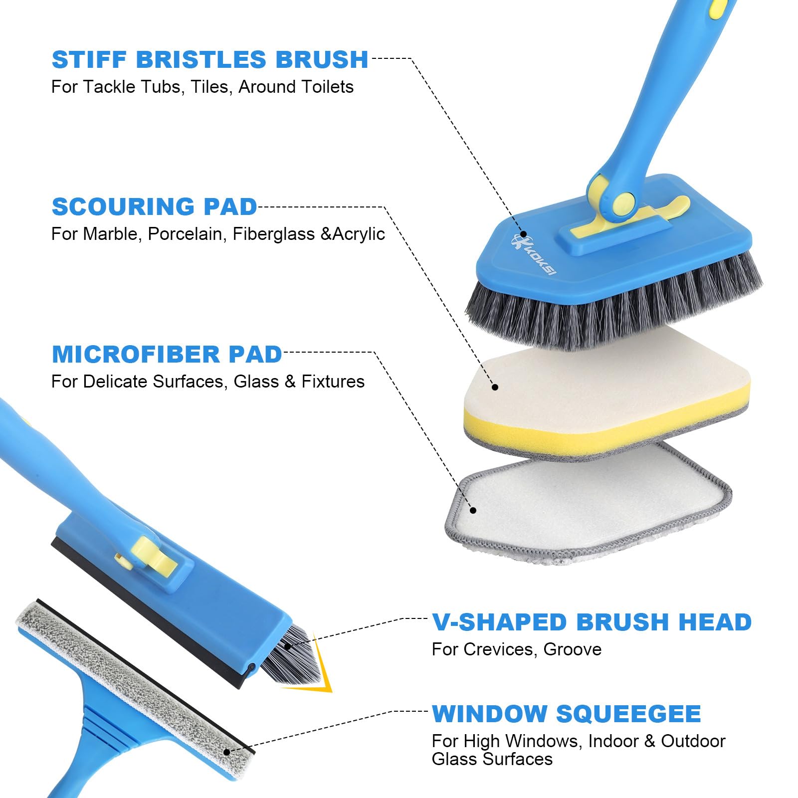 Tile Tub Scrubber Brush with 5 Different Function Cleaning Heads and 51" Extendable Long Handle Non Scratch Shower Scrubber for Cleaning Bathroom Kitchen Toilet Wall Bathtub (9 Count)