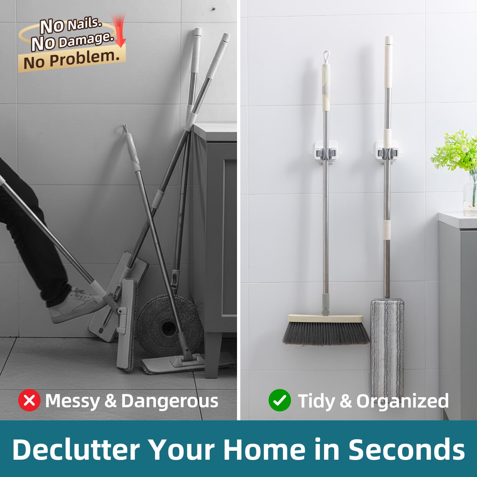 Mop and Broom Holder Wall Mount Grippers (2 Count)