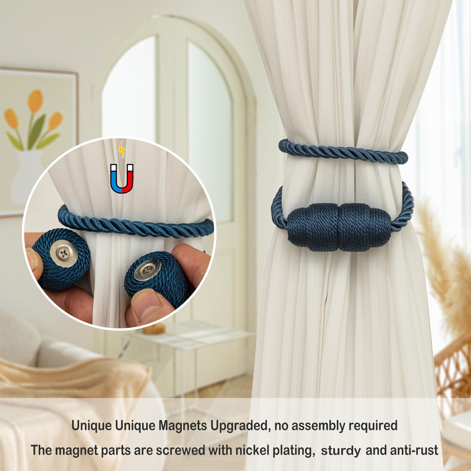 Magnetic Curtain Tiebacks Rope Curtain Tie Backs for Curtains 8 Pack Curtain Holders for Drapes Decorative Window Curtain Holdbacks (8 Count)