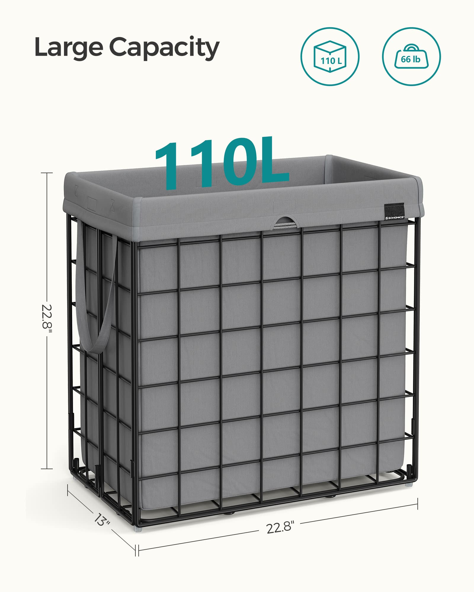 29 Gal. (110L) Laundry Basket, Laundry Hamper, Collapsible Clothes Hamper, Removable and Washable Liner, Metal Wire Frame, for Bedroom Bathroom, Black and Gray ULCB111G01 - ModHome Supplies