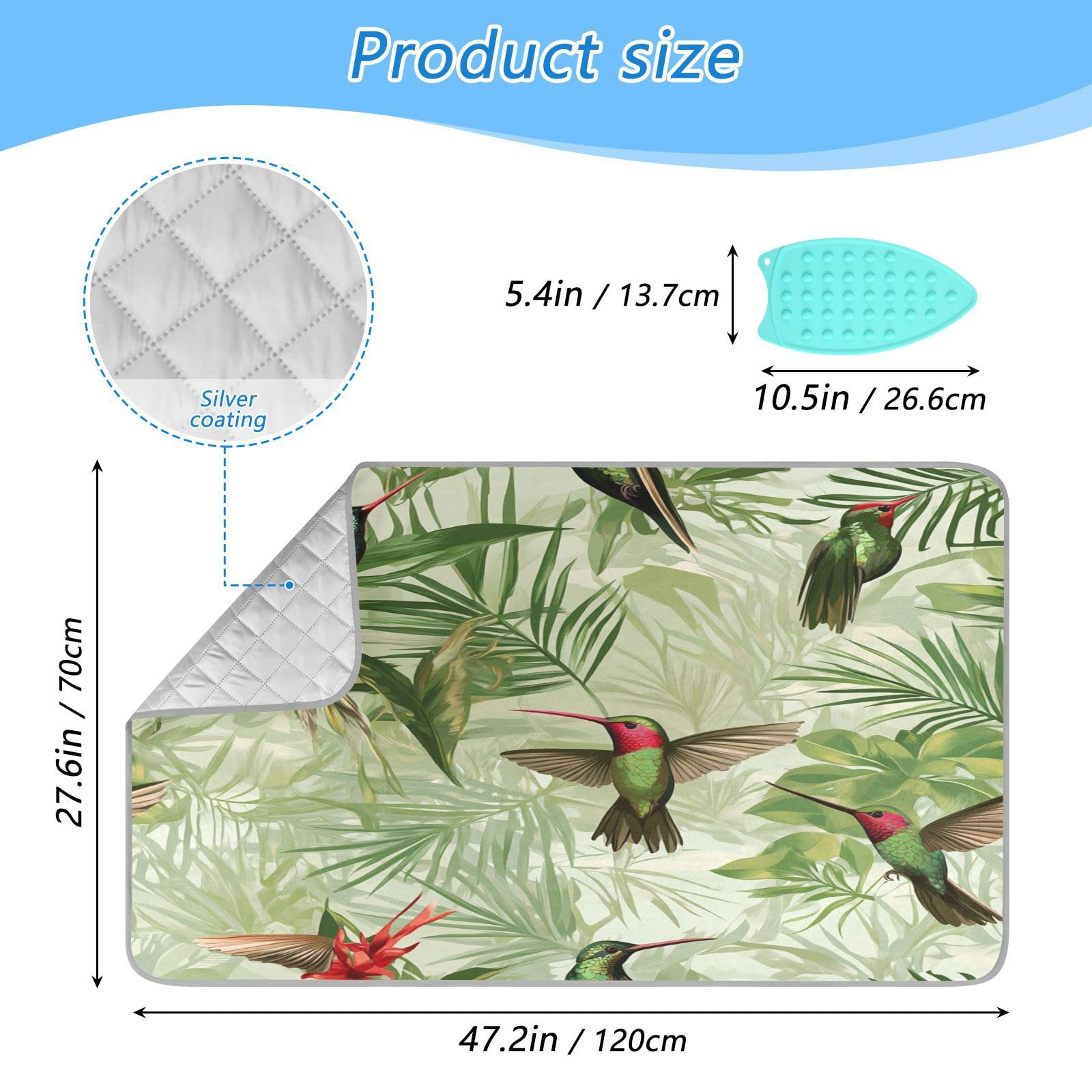 Green Anna Hummingbird and Palm Leaves Ironing Mat Thickened Ironing Blanket Travel Portable Double