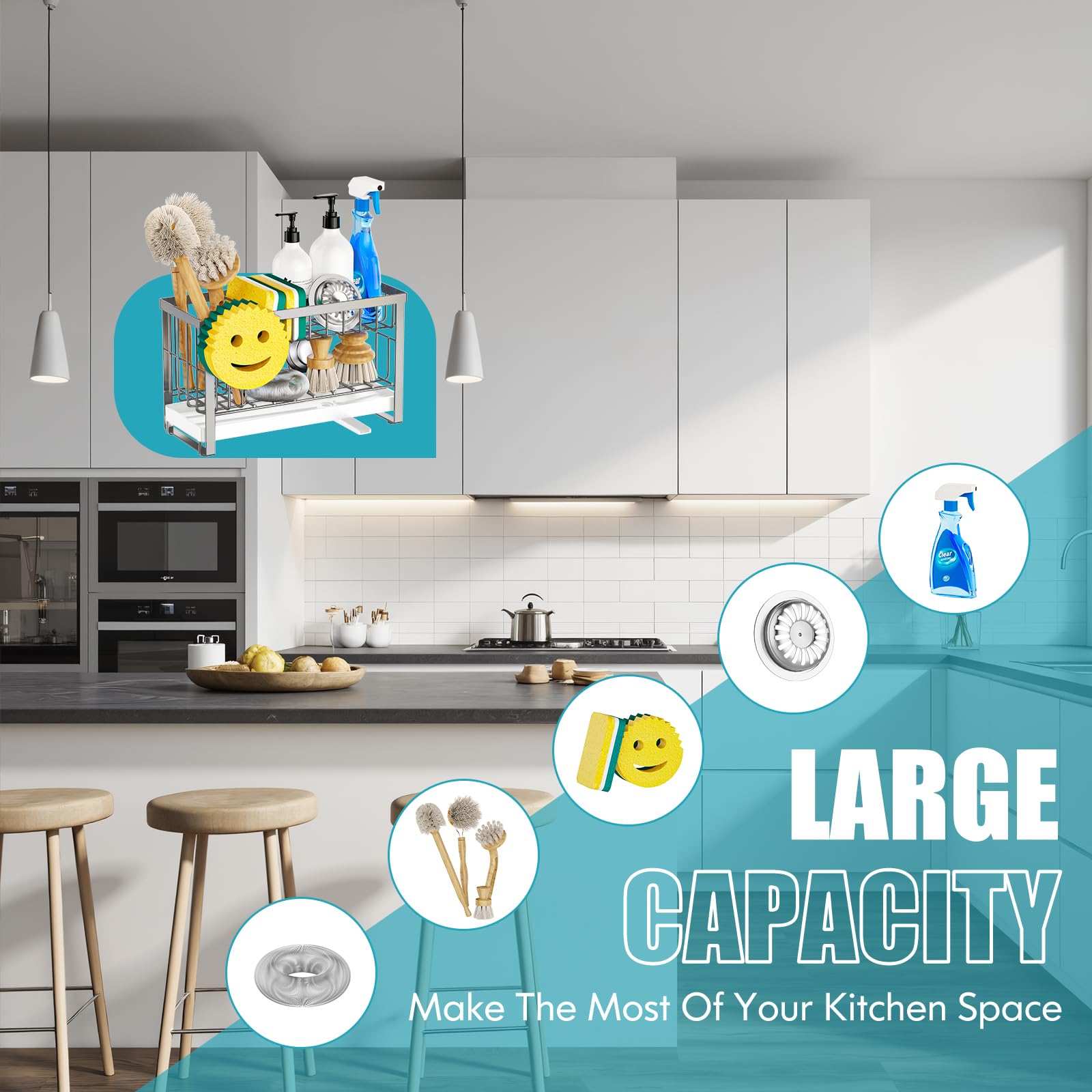 Sponge Holder for Kitchen Sink with Flexible Sink Caddy Smiley Face