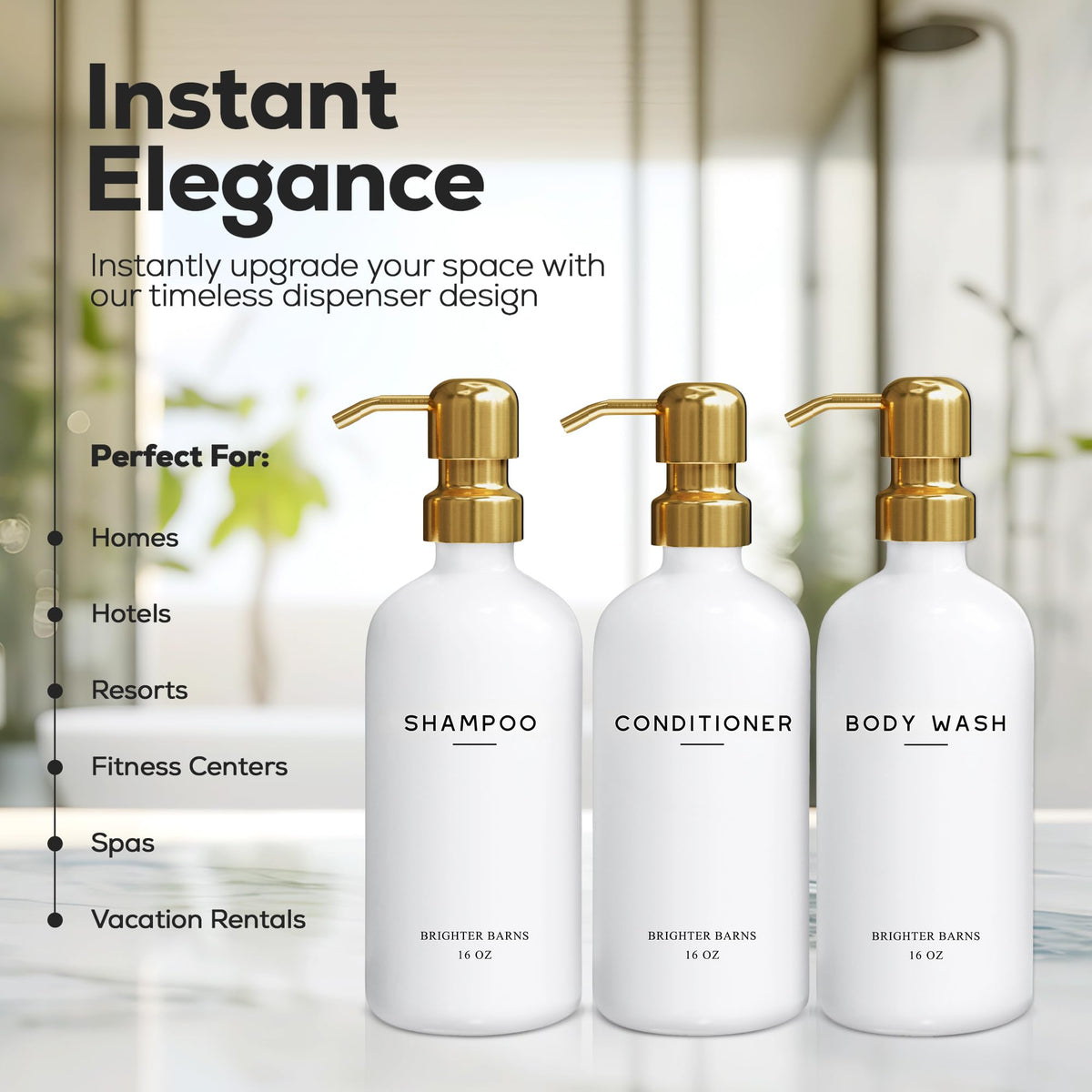 Luxury Shampoo and Conditioner Dispenser Set by Brighter Barns (3 Count)