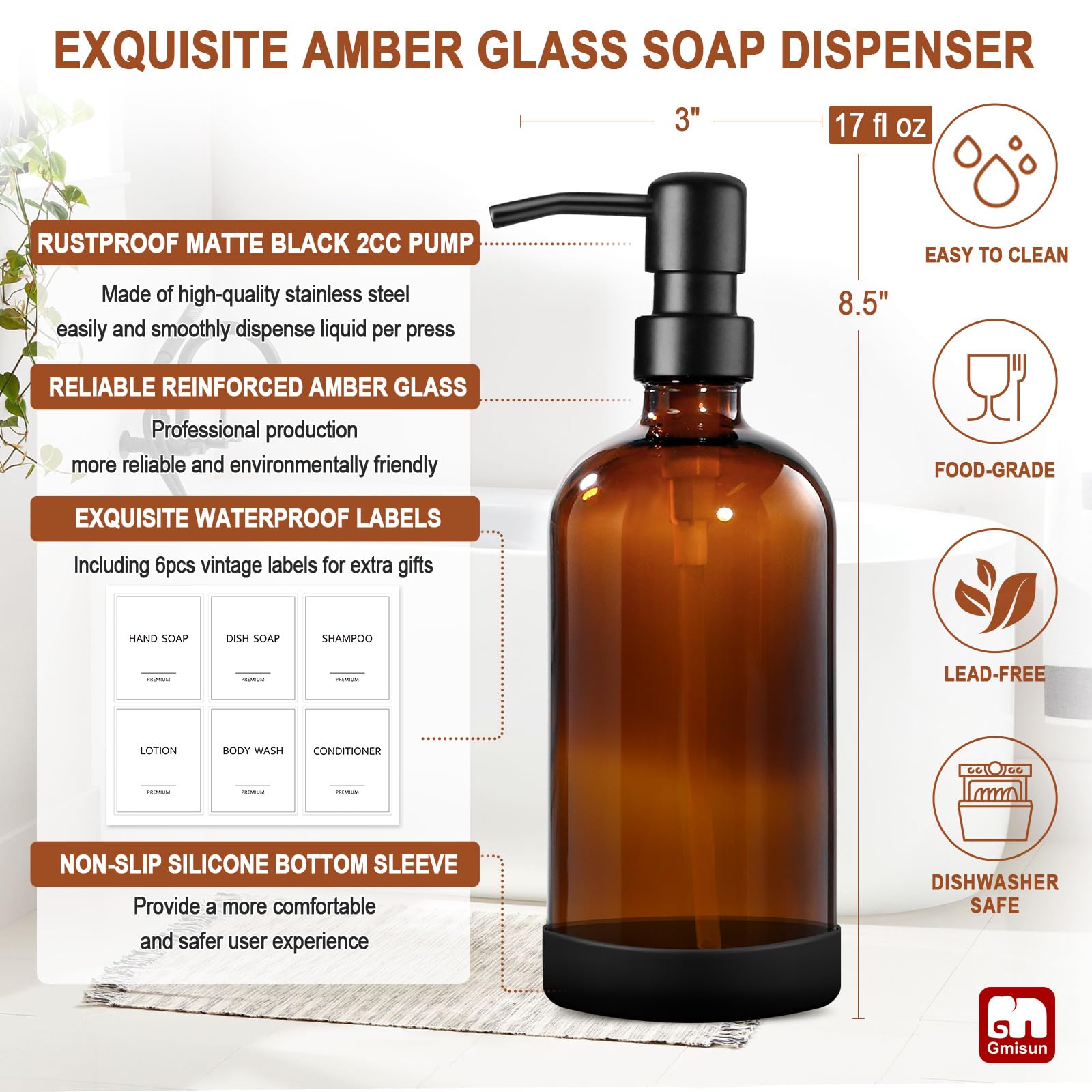 Amber Glass Soap Dispenser with Silicone Sleeve Boot (2 Count)
