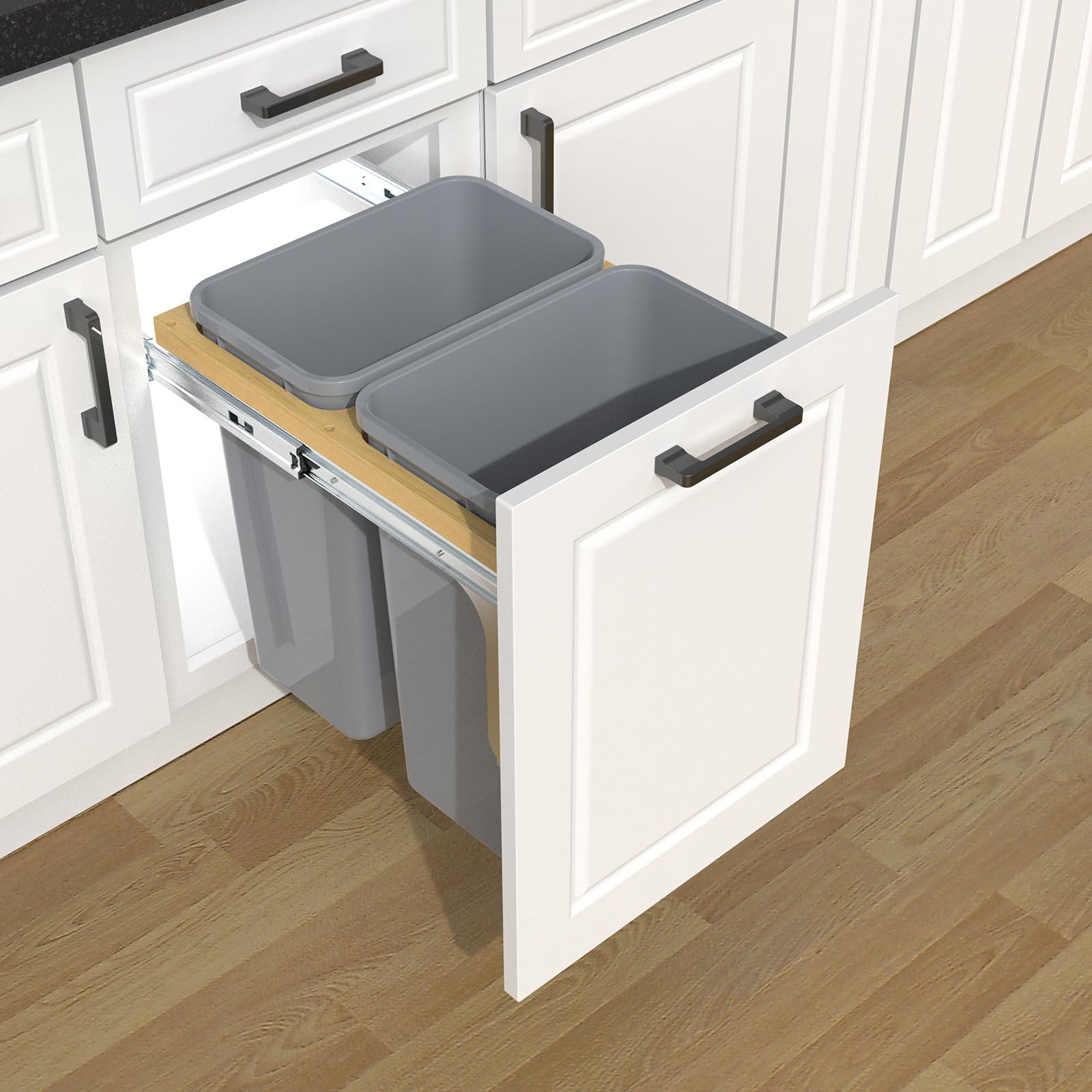 Double Pull Out Under Cabinet Trash Can 35 Qt Garbage Bin for 15" x 1.5" Face Frame