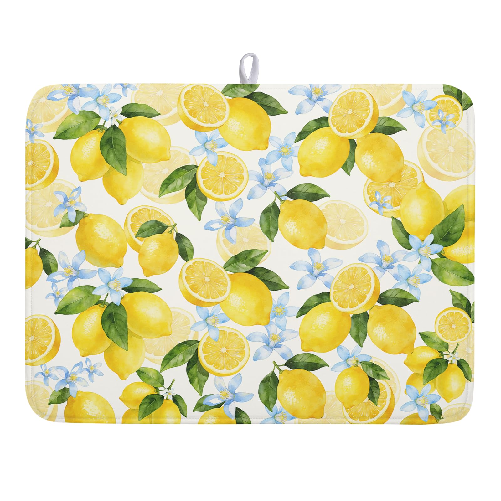 Lemon Dish Drying Mat 18x24 Inch Absorbent Reversible Summer Drying Mat Floral Lemon Fruits Dish Drying Rack Mat Yellow Summer Themed Dish Drainer Mat for Kitchen Counter Coffee Bar