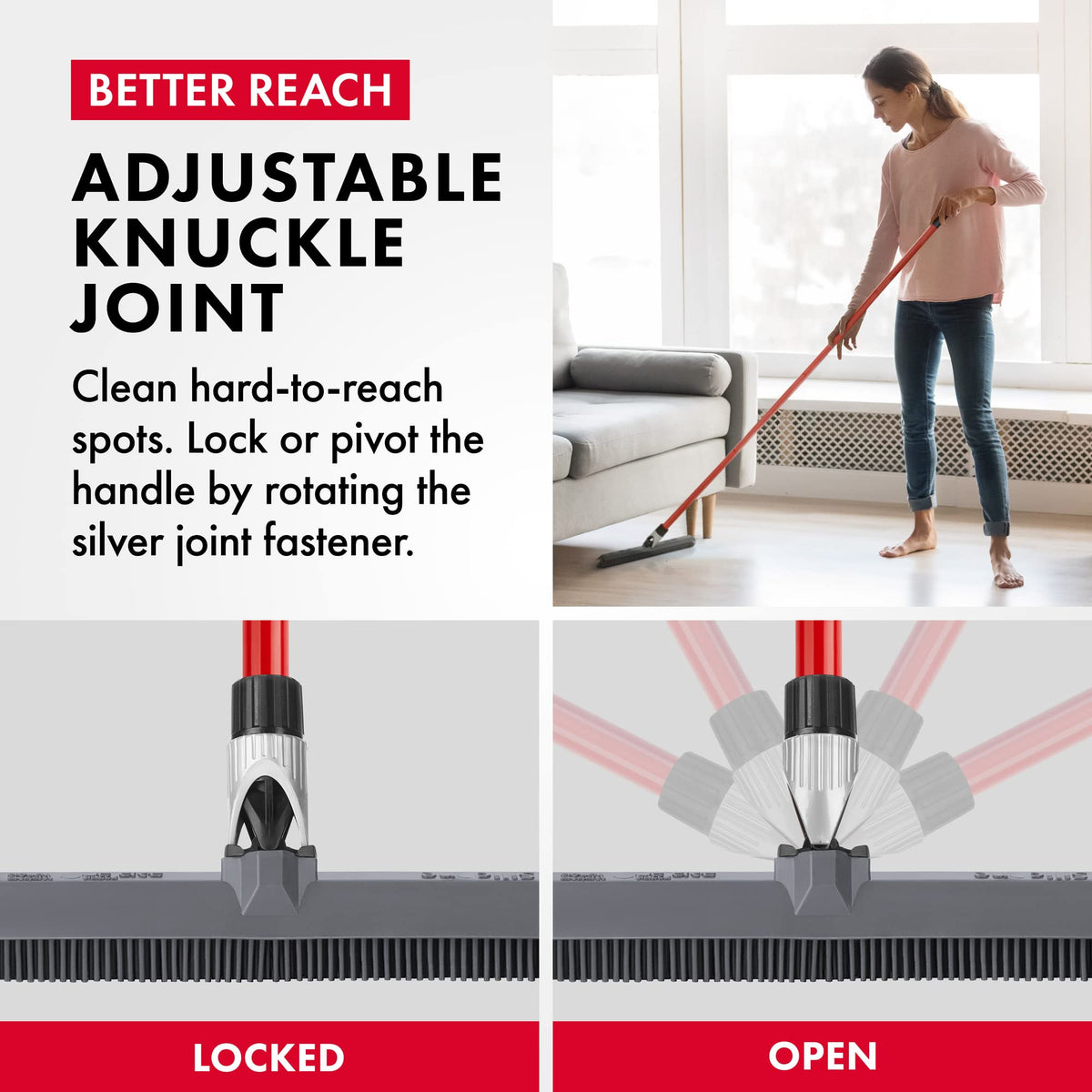 2-in-1 Silicone Rubber Broom Carpet Rake and Squeegee - Swivel Pet Hair Removal Broom - 1 Piece Long Handle - Slanted Side Bristles for Corners - Multipurpose Broom for Carpet, Hardwood Floor, Tile