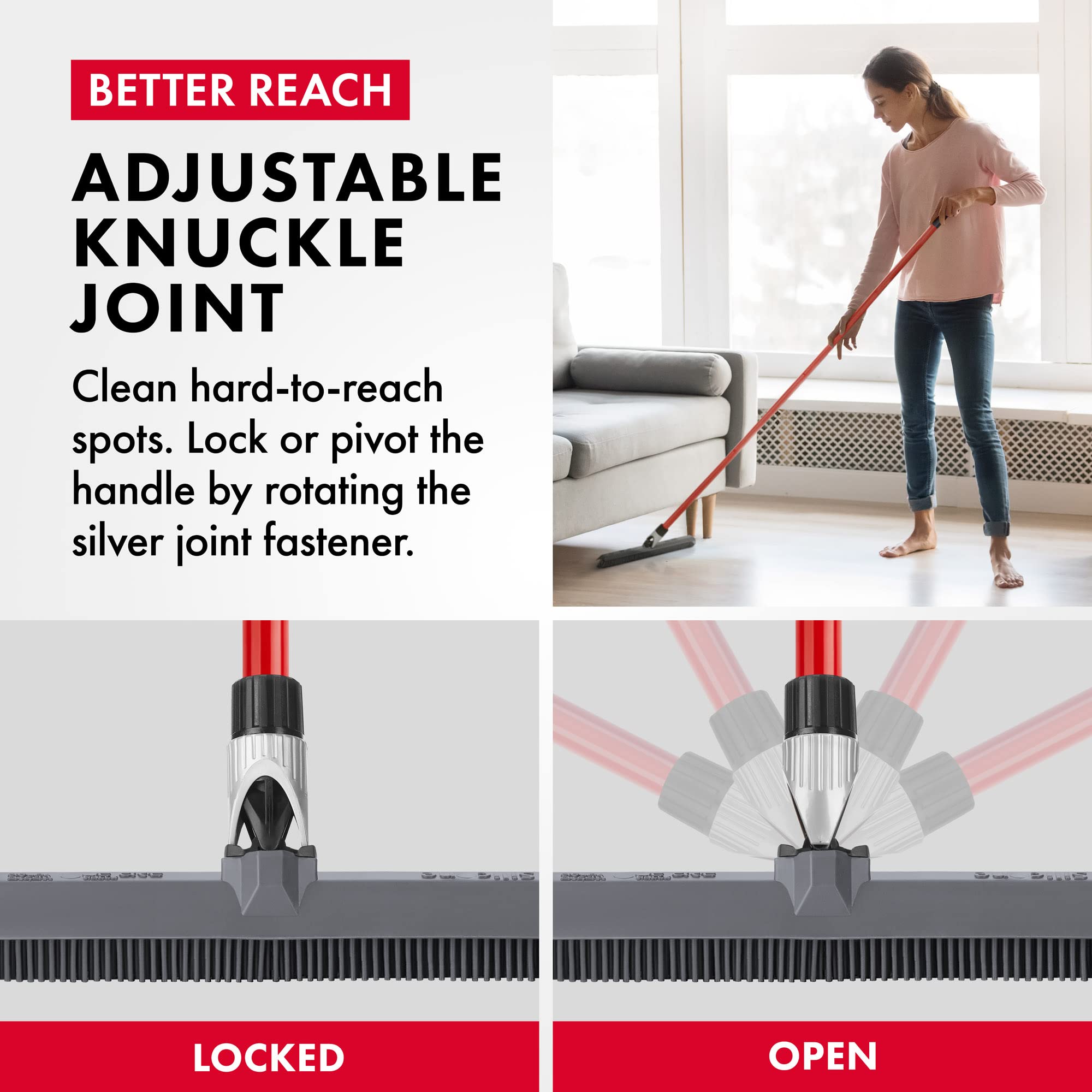 2-in-1 Silicone Rubber Broom Carpet Rake and Squeegee - Swivel Pet Hair Removal Broom - 1 Piece Long Handle - Slanted Side Bristles for Corners - Multipurpose Broom for Carpet, Hardwood Floor, Tile