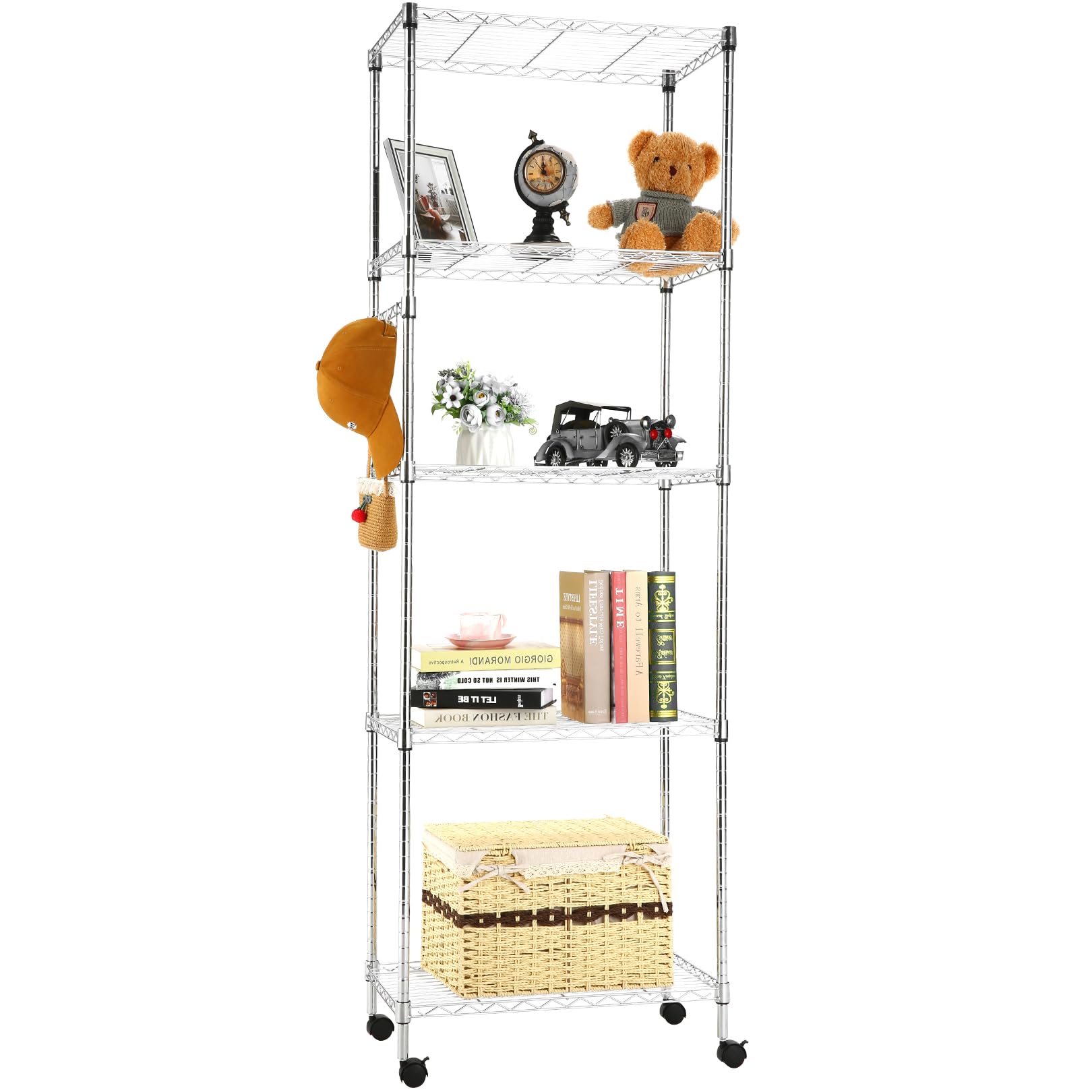 5 Tier Storage Shelf Wire Shelving Unit on Wheels Heavy Duty Metal Shelves Adjustable Steel Rack Organization for Kitchen Garage Basement