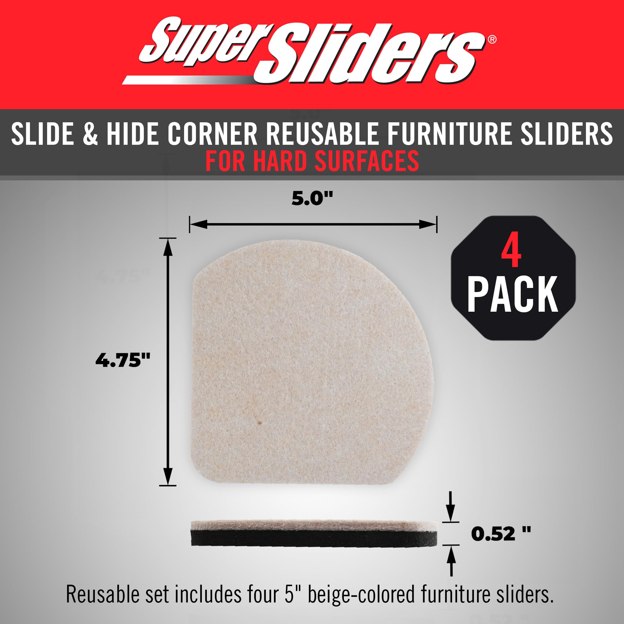 5" Slide & Hide Reusable Furniture Sliders for Hard Surfaces (4 Count)
