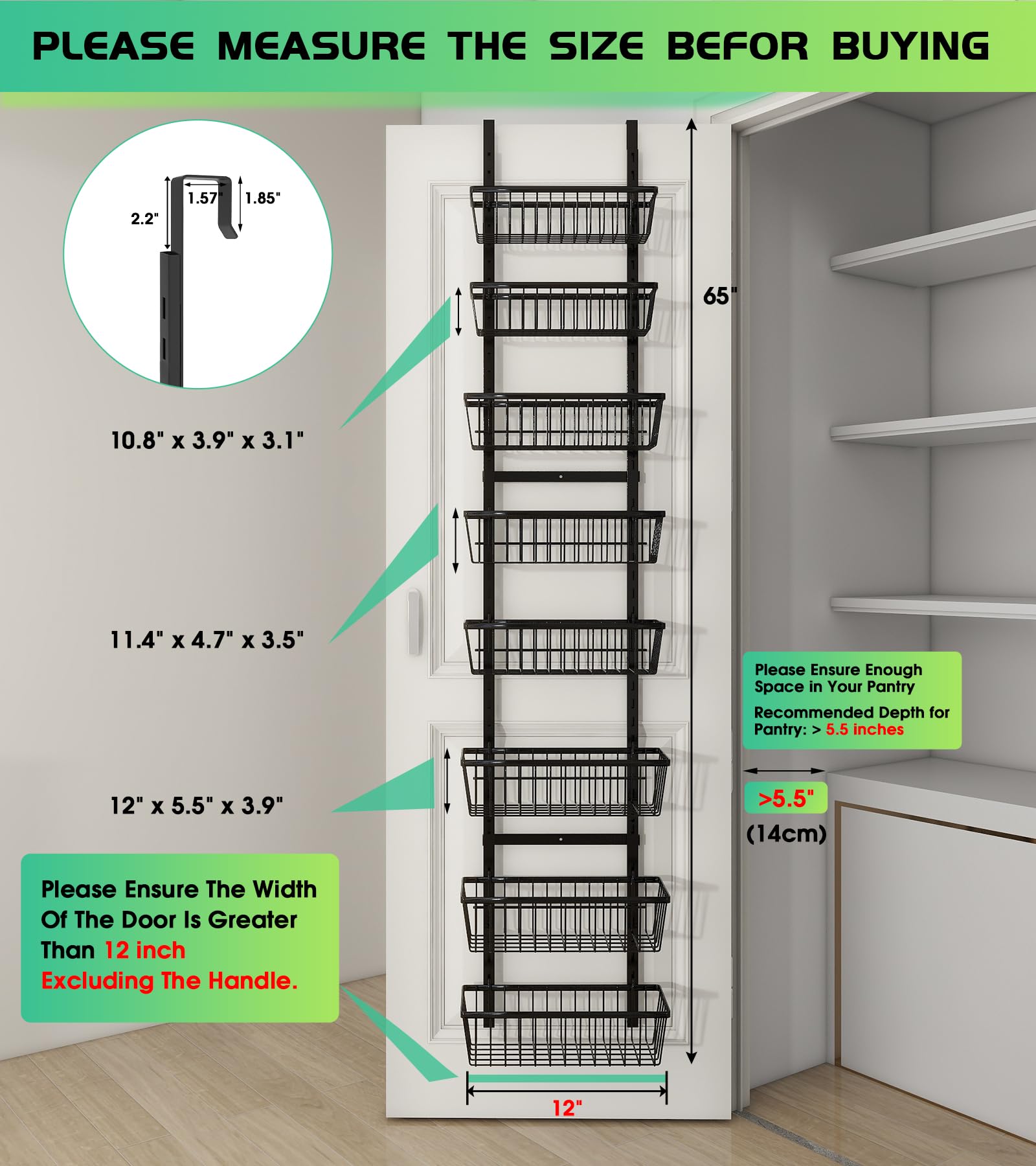 12 Inch Wide Narrow Over The Door Pantry Organizer Black 8