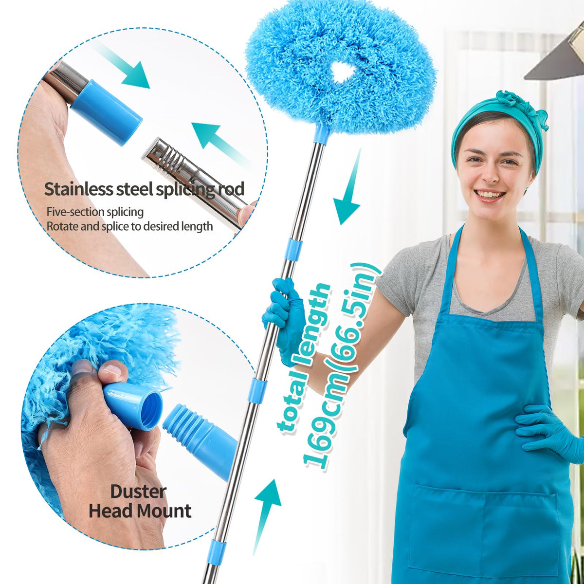 Ceiling Fan Cleaner Duster Reusable Microfiber Removable Duster with Extension Pole Adjusts 12 to 71 Inch for Cleaning Walls Bookshelves Furniture Door Window Top (2 Count)