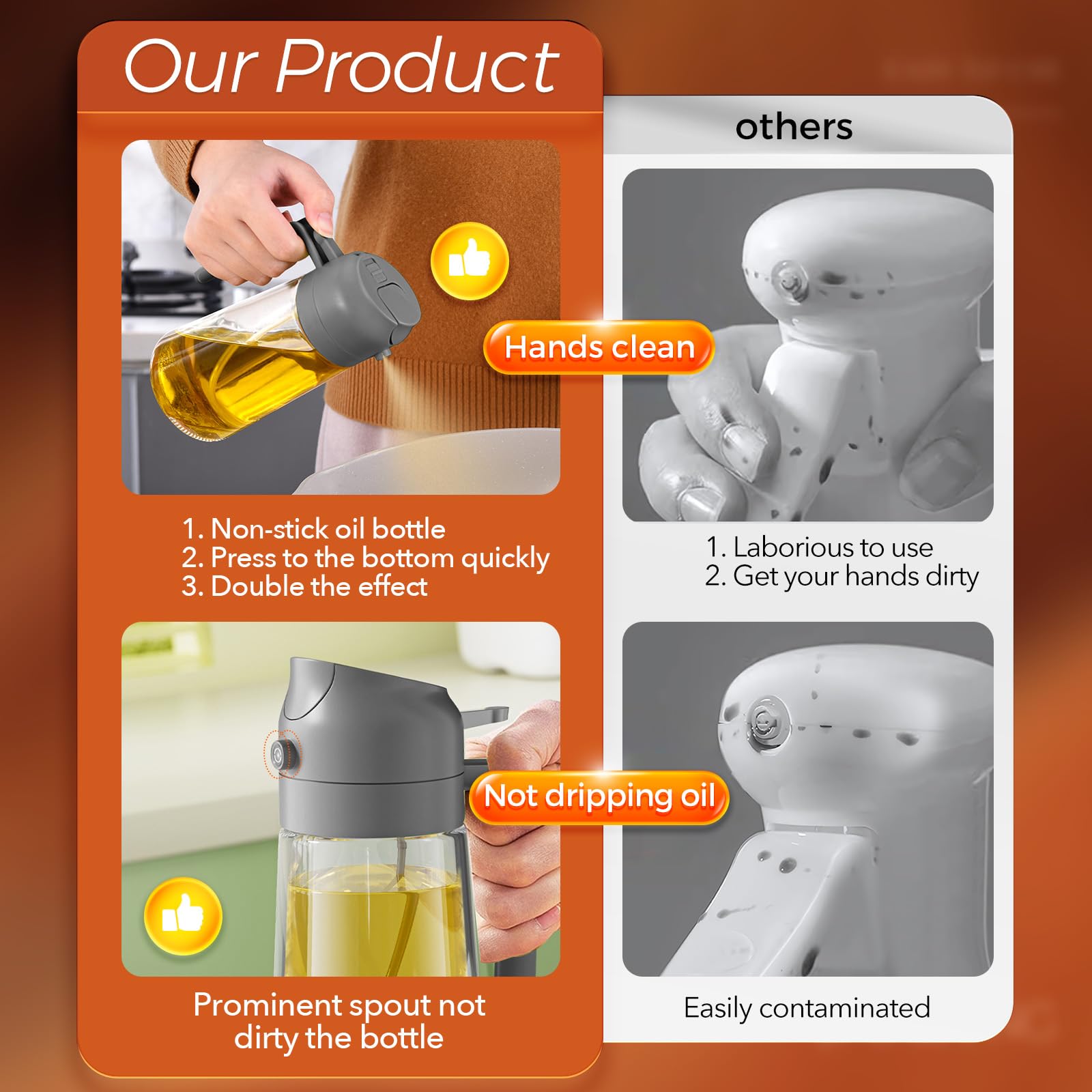 16 oz 2-in-1 Glass Olive Oil Sprayer for Cooking, Grey