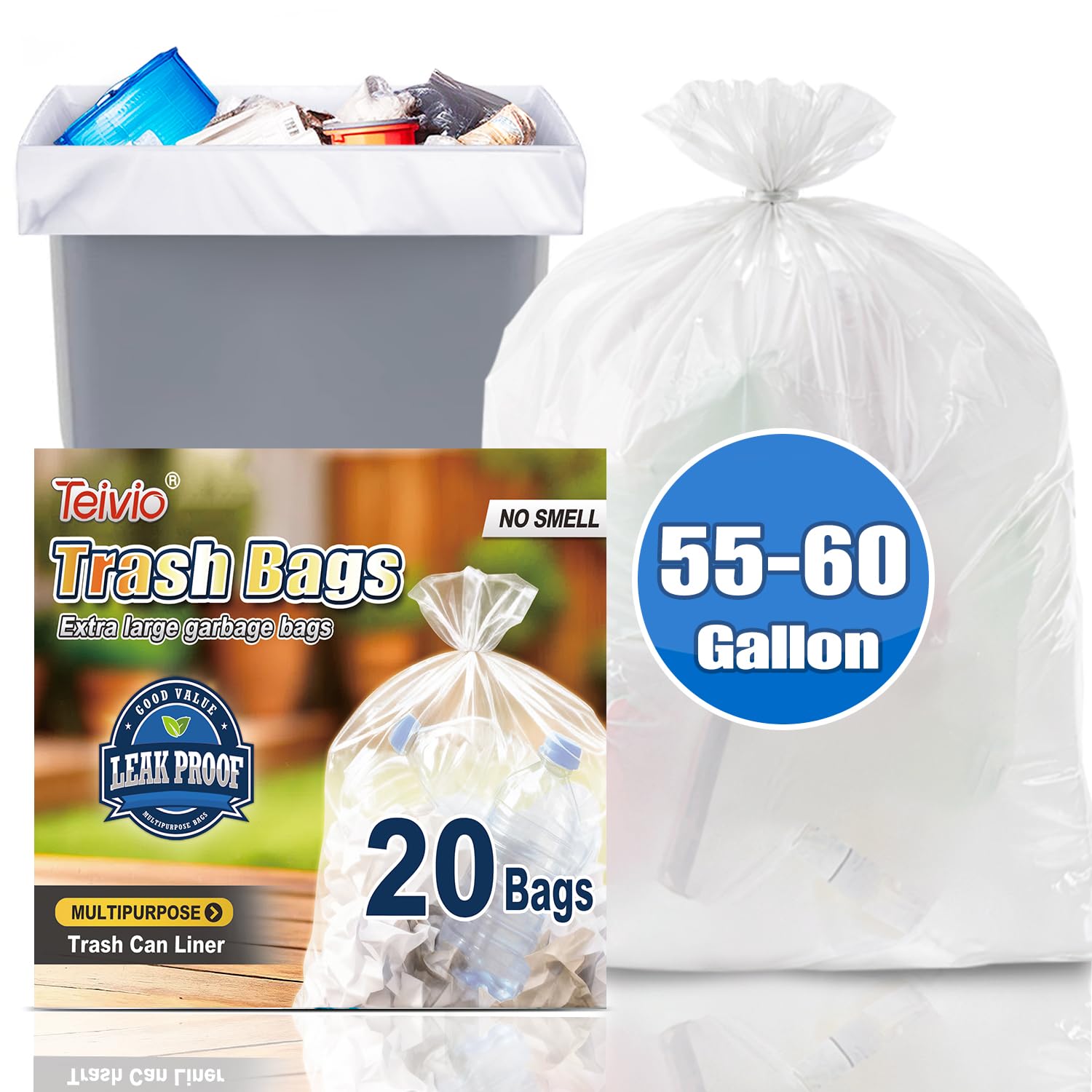 Large Clear Trash Bags 55 (20 Count)