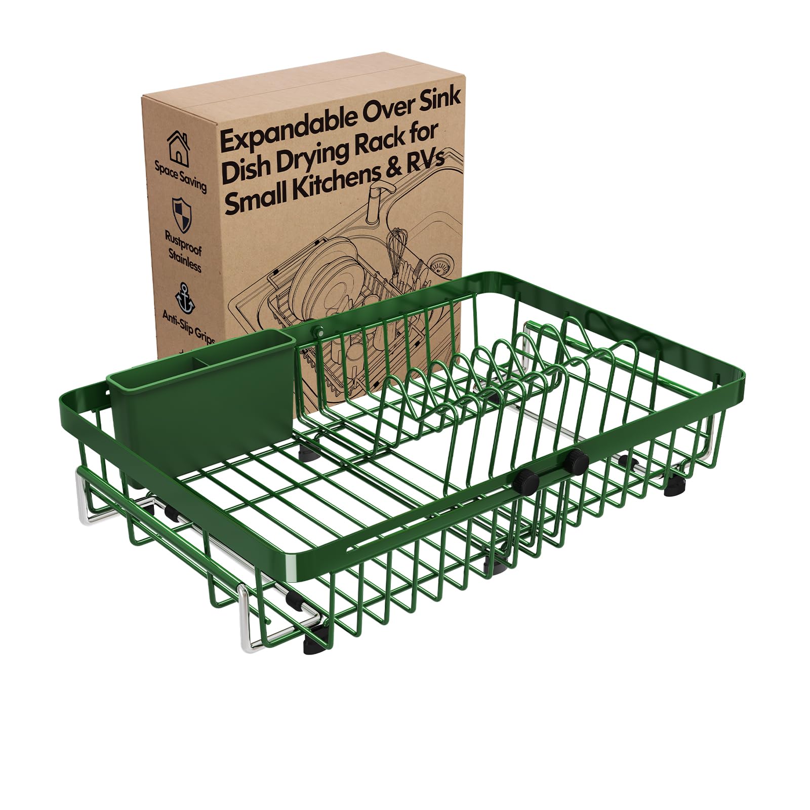 Green Dish Drying Rack Over The Sink with Utensil Holder