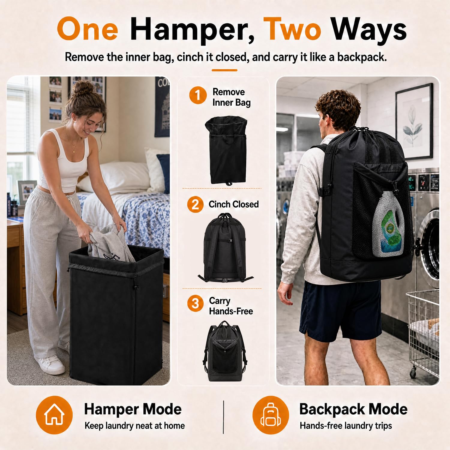 100L 2-in-1 Laundry Hamper with Laundry Backpack, Waterproof Basket with Lid, Laundry Bag with Shoulder Straps and Mesh Pocket, Hamper for College Dorm, Travel, Apartment, Laundromat