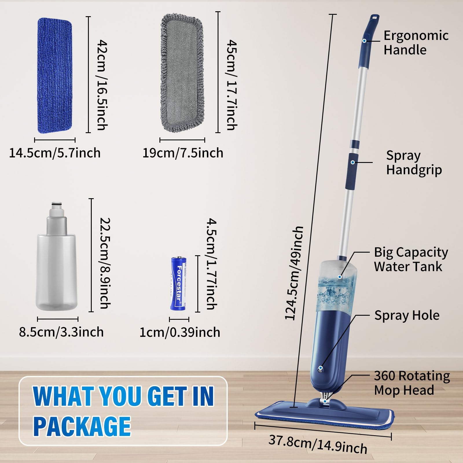 PowerMop Floor Mop with 720 ml Refillable Bottle & 2 Microfiber Pads