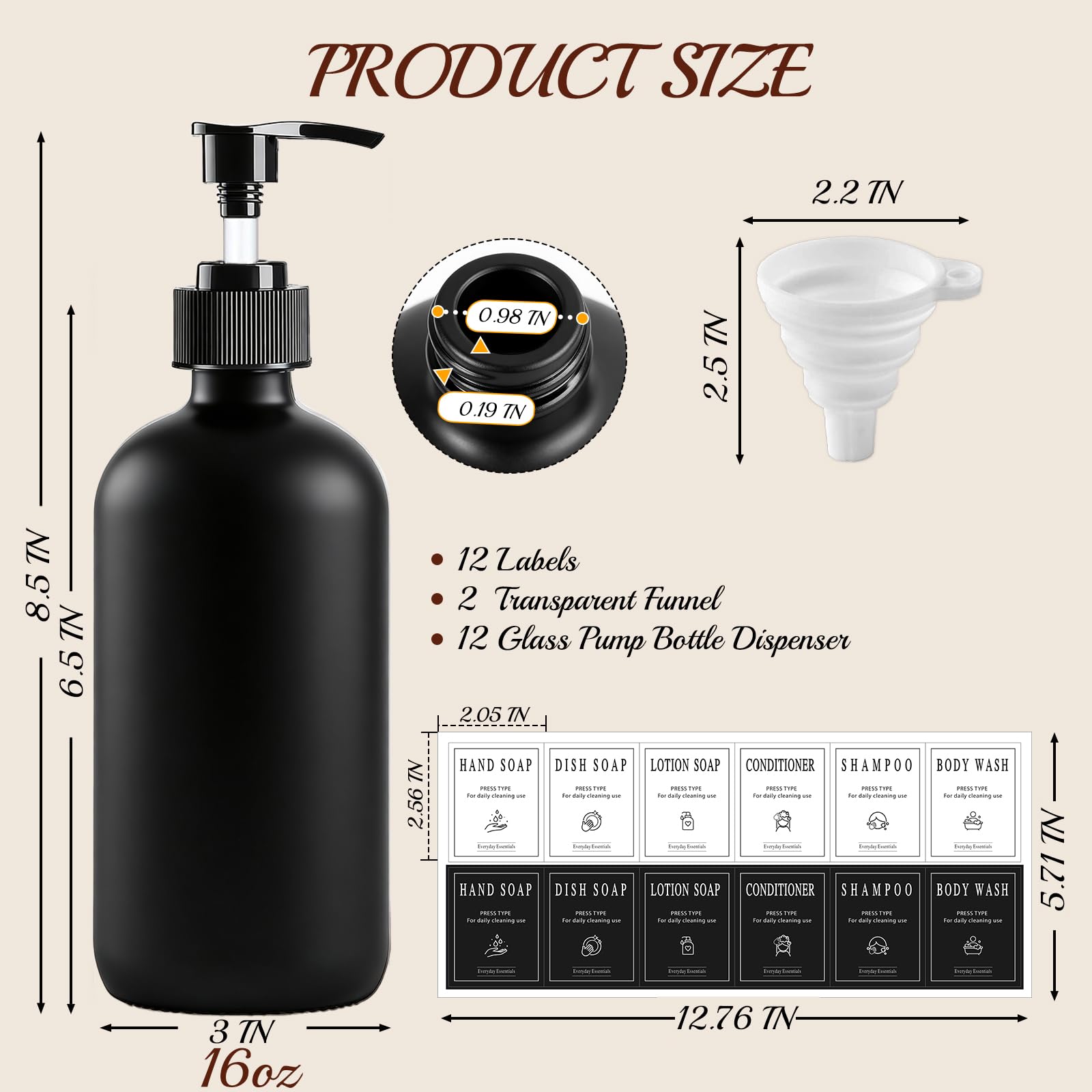 12 Pack 16oz Black Glass Soap Dispensers with Pump (12 Count)