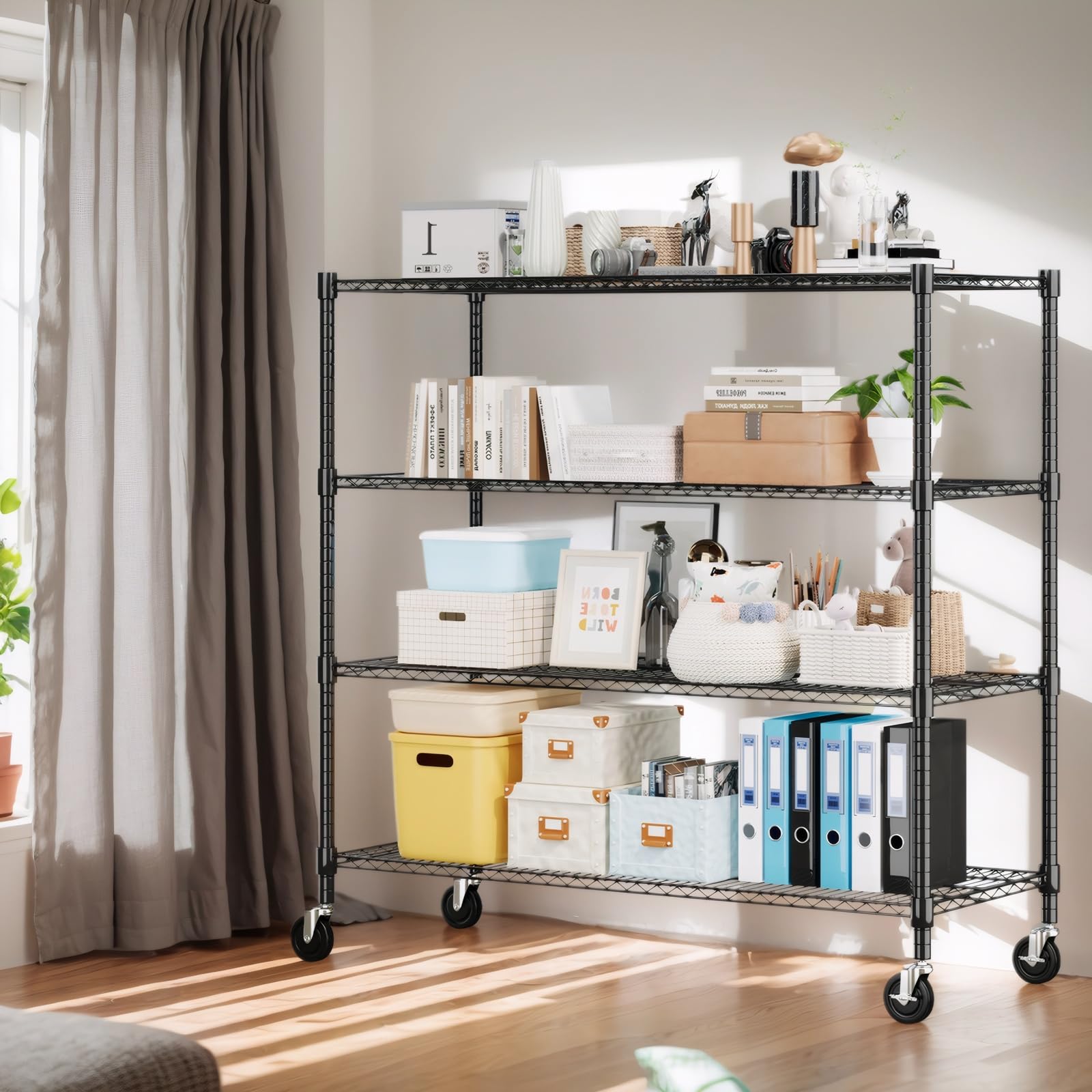 72" H Storage Shelves 4 Tier Metal Shelving Adjustable Wire Shelf with Wheels