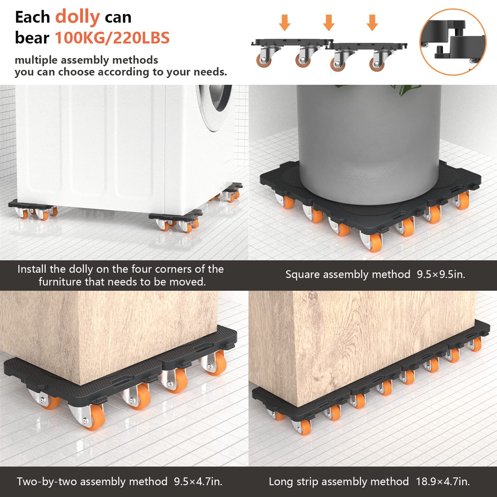 Add on 4Pack Connectable Dolly Furniture Movers with 360° Rotating Wheels with Bearing (4 Count)