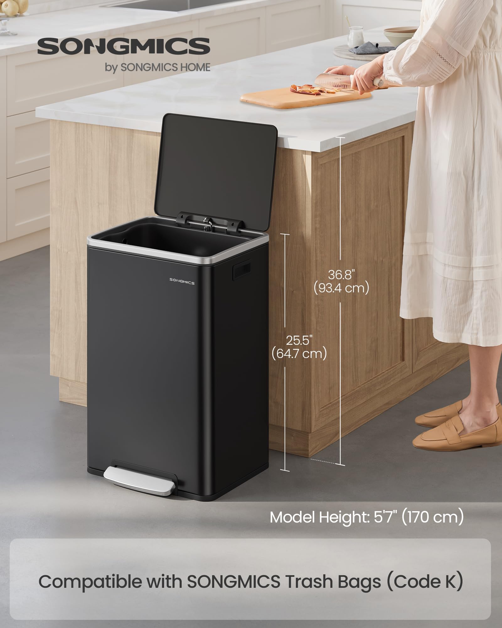 Trash Can, 13-Gallon, Steel, Soft-Close Lid