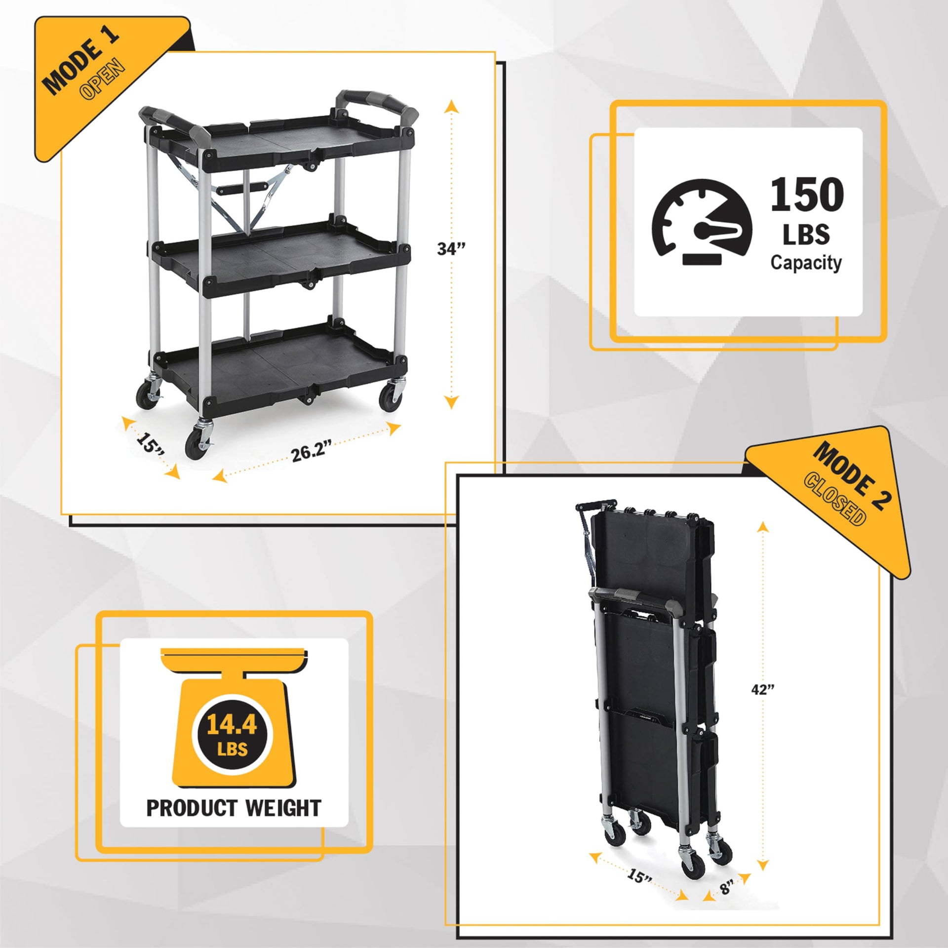 85-188 Pack-N-Roll Folding Collapsible Service Cart, 150LB Capacity, Black