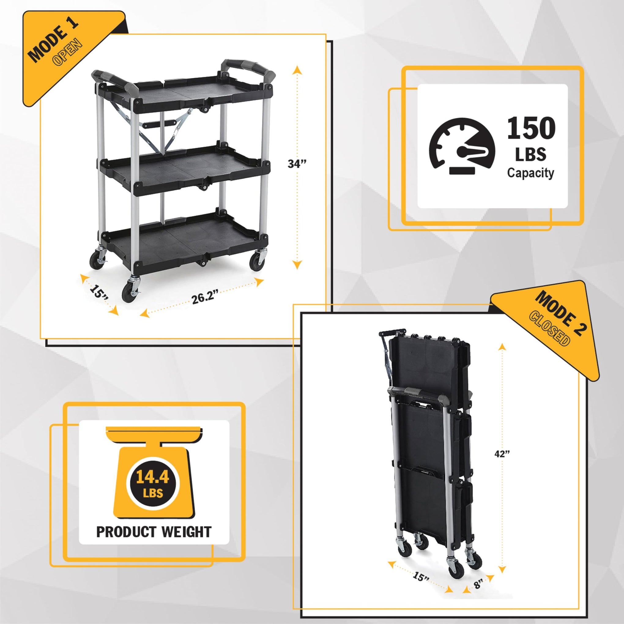 85-188 Pack-N-Roll Folding Collapsible Service Cart, 150LB Capacity, Black