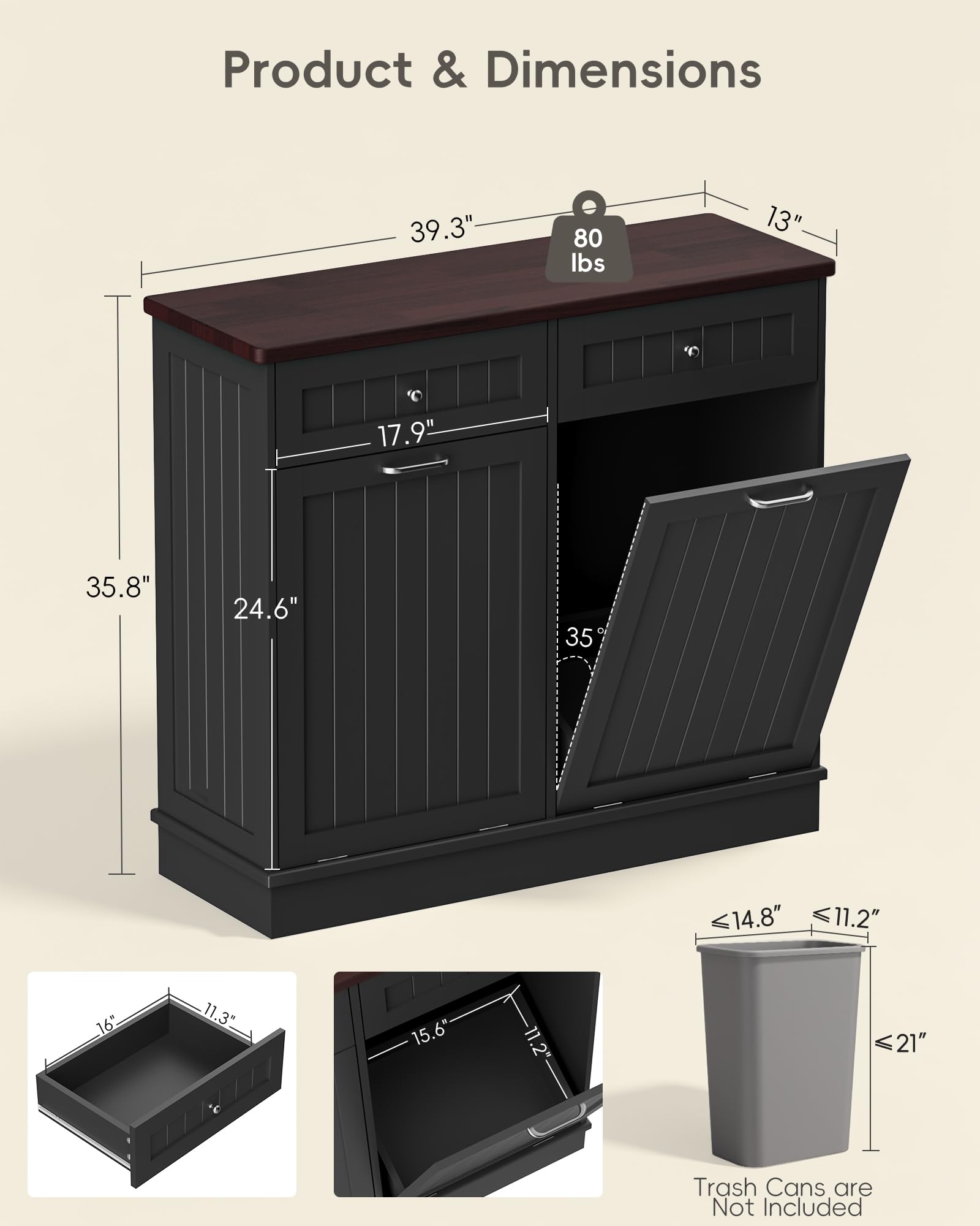2 x 10 Gallon Tilt Out Trash Cabinet with 2 Big Storage Drawer