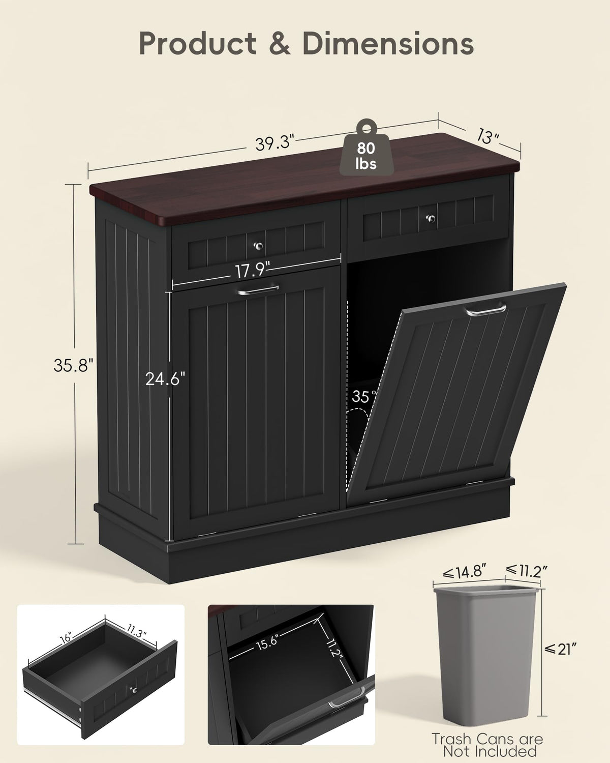2 x 10 Gallon Tilt Out Trash Cabinet with 2 Big Storage Drawer