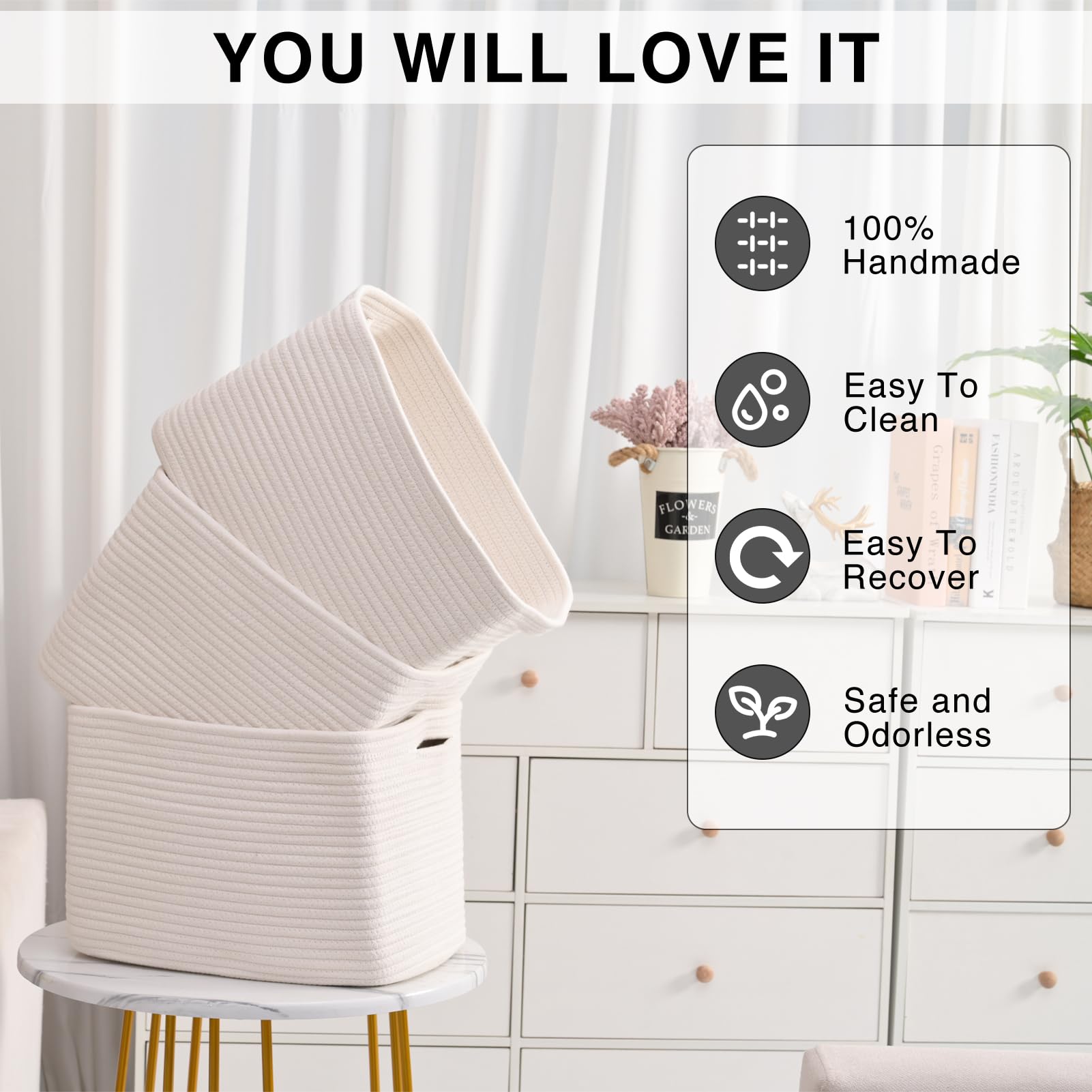 Storage Baskets for Organizing Shelves 15x11x9.5 Off White 3 Packs (3 Count)