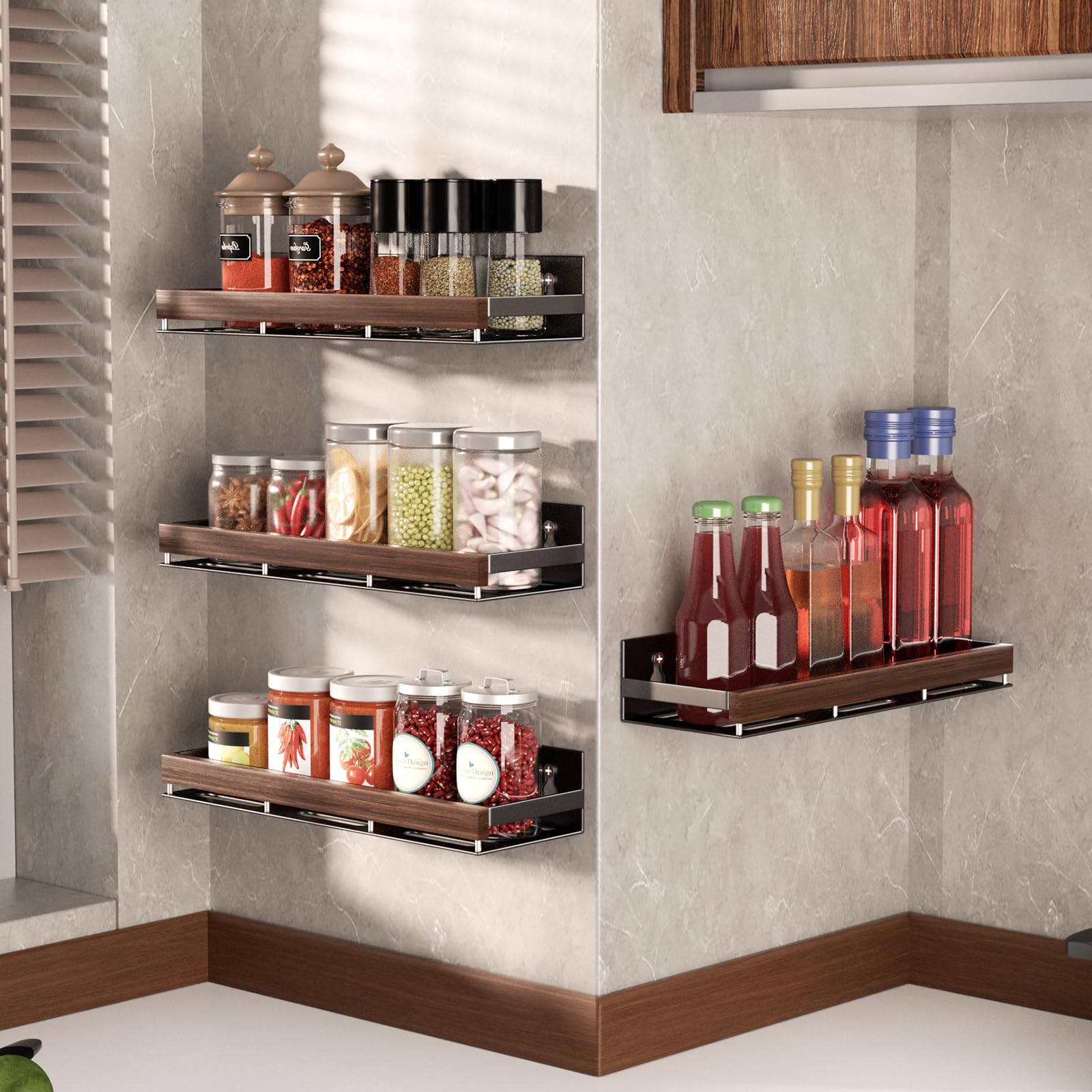 Walnut Magnetic Spice organizer for Refrigerator Wall Mount Spice Rack Magnetic Fridge Shelf Spice Jar Seasoning Organizer (2 Count)