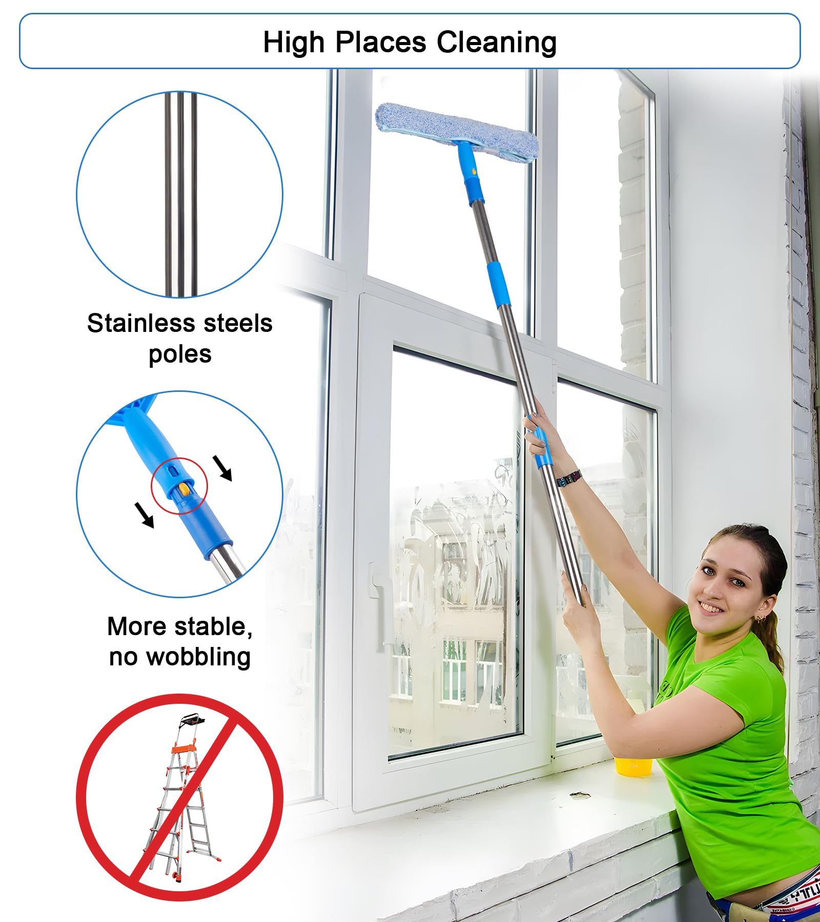 Window Squeegee Cleaner with 4 Stainless Steel Extension Poles