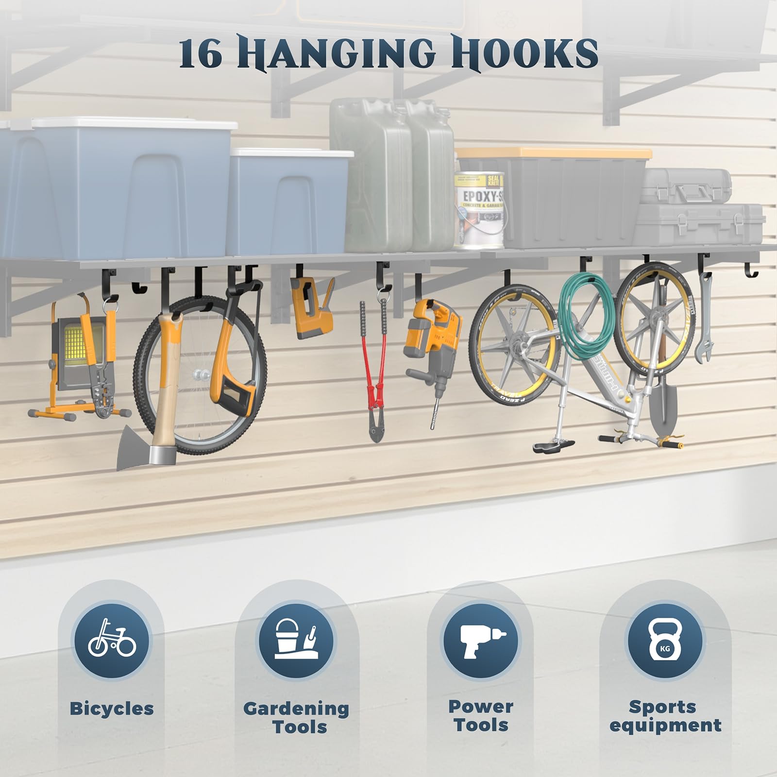 4 Pack Wall Mounted Garage Shelving with 16 Hooks (4 Count)